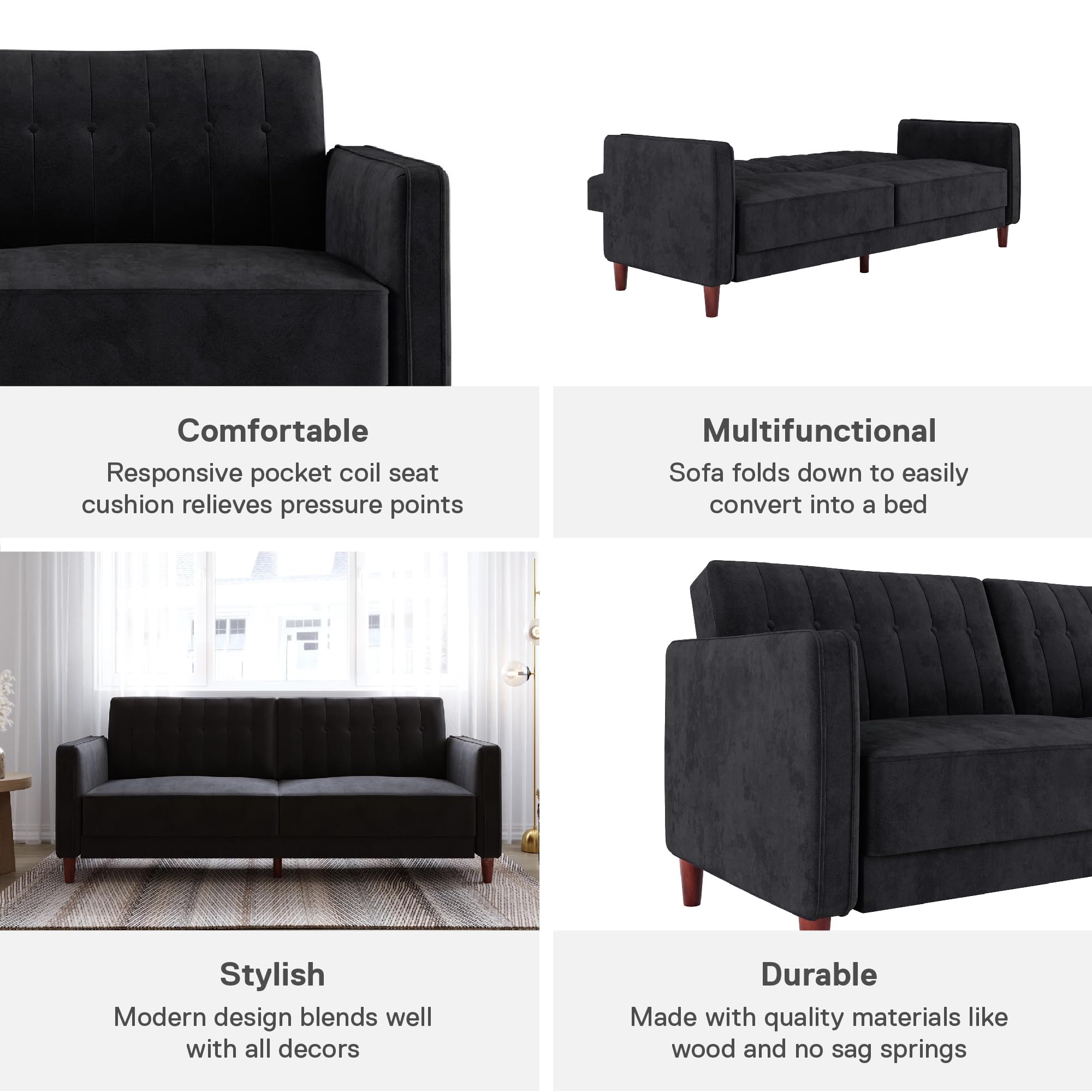 DHP Ivana Tufted Transitional Futon Sofa Bed - Convertible Sleeper with Black Velvet Upholstery for Living Room, Guest Room & Small Spaces