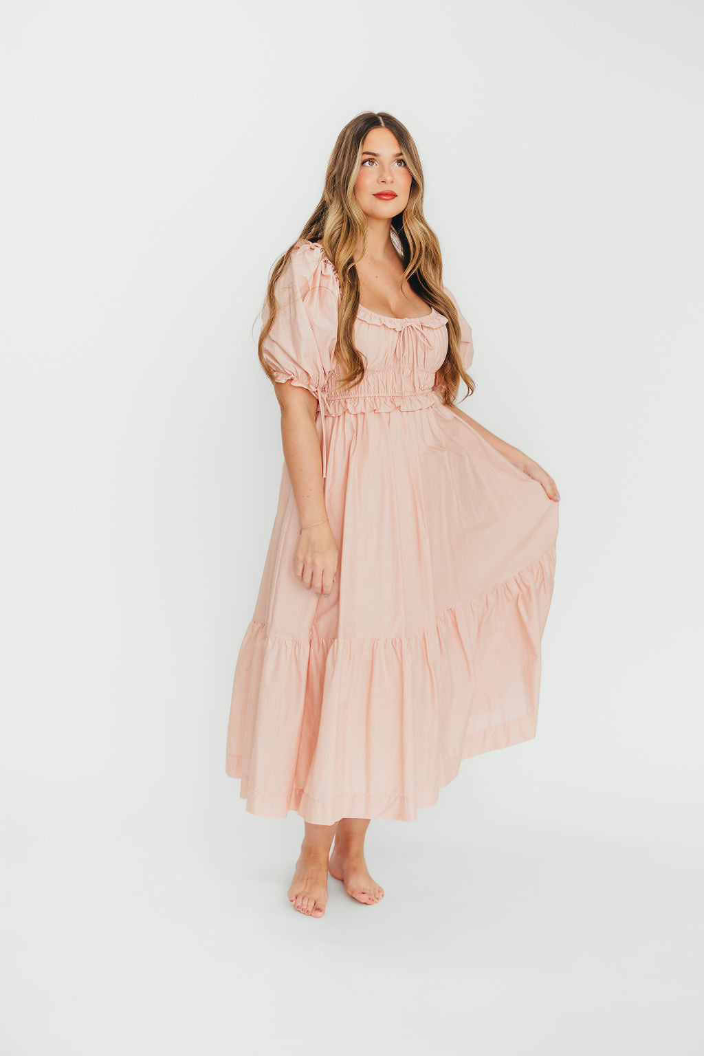 Crissy Ruched Midi Dress - 100% Cotton Bump Friendly Maternity Dress in Dusty Pink | Perfect for Baby Showers, Maternity Photos & Everyday Comfort