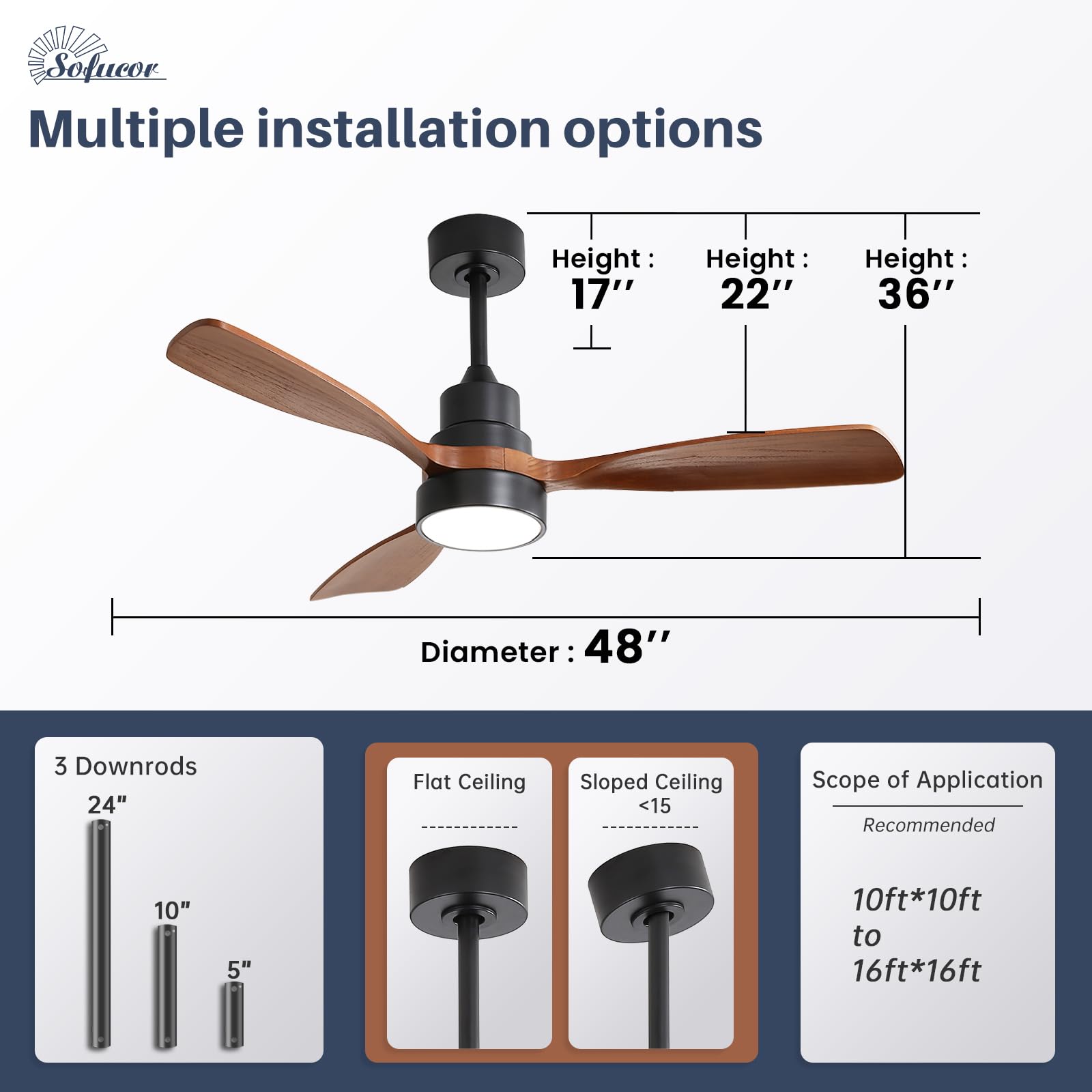 48 Inch Smart Ceiling Fan with Lights - Remote & APP Control, Alexa/Google Home Compatible - 3 Blade Brown Black Solid Wood Low Profile Fan for Indoor/Outdoor Use - Perfect for Bedroom, Living Room, Farmhouse, Patio and More