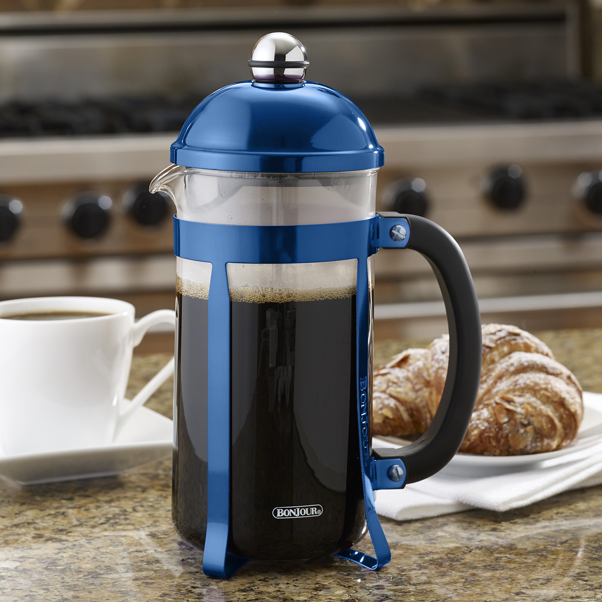BonJour Coffee 8-Cup French Press Coffee Maker - Stainless Steel & Heat-Resistant Glass - Perfect for Home, Office & Camping - Blue