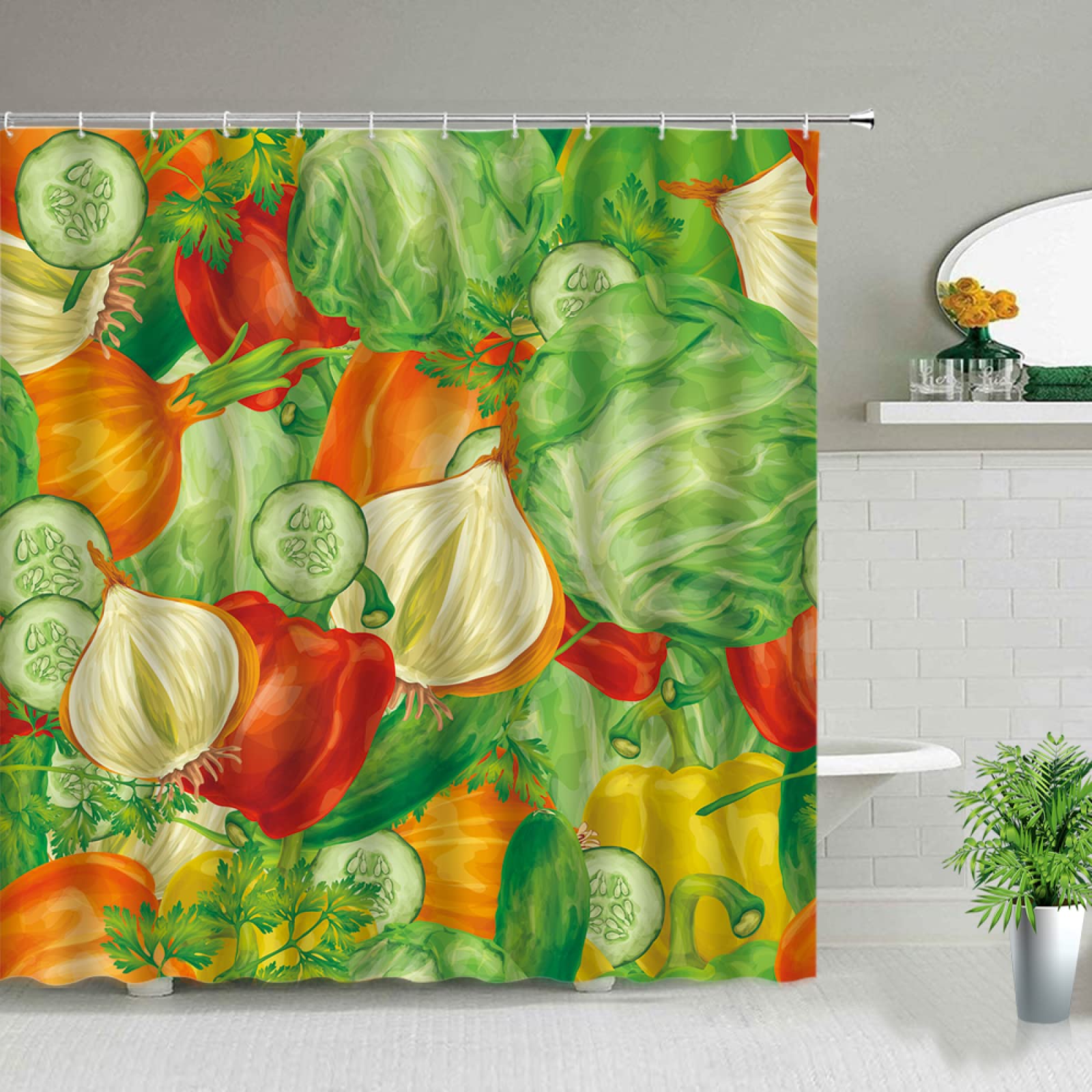 3D Printed Green Vegetables Shower Curtain 72x84 Inch - Water Repellent Polyester Bathroom Decor for Modern Homes | Perfect for Spa-Like Showers and Farmhouse Style Bathrooms