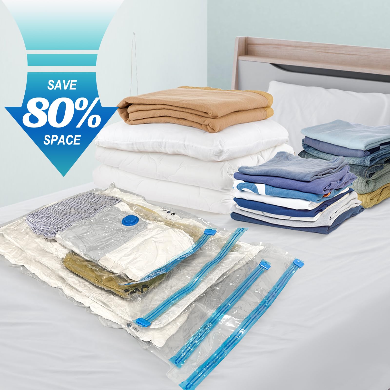 10 Pack Small Vacuum Storage Bags with Hand Pump - Space Saving Compression Bags for Clothes, Blankets, Comforters & Travel - Perfect for Organizing Wardrobes, Seasonal Storage & Luggage Packing