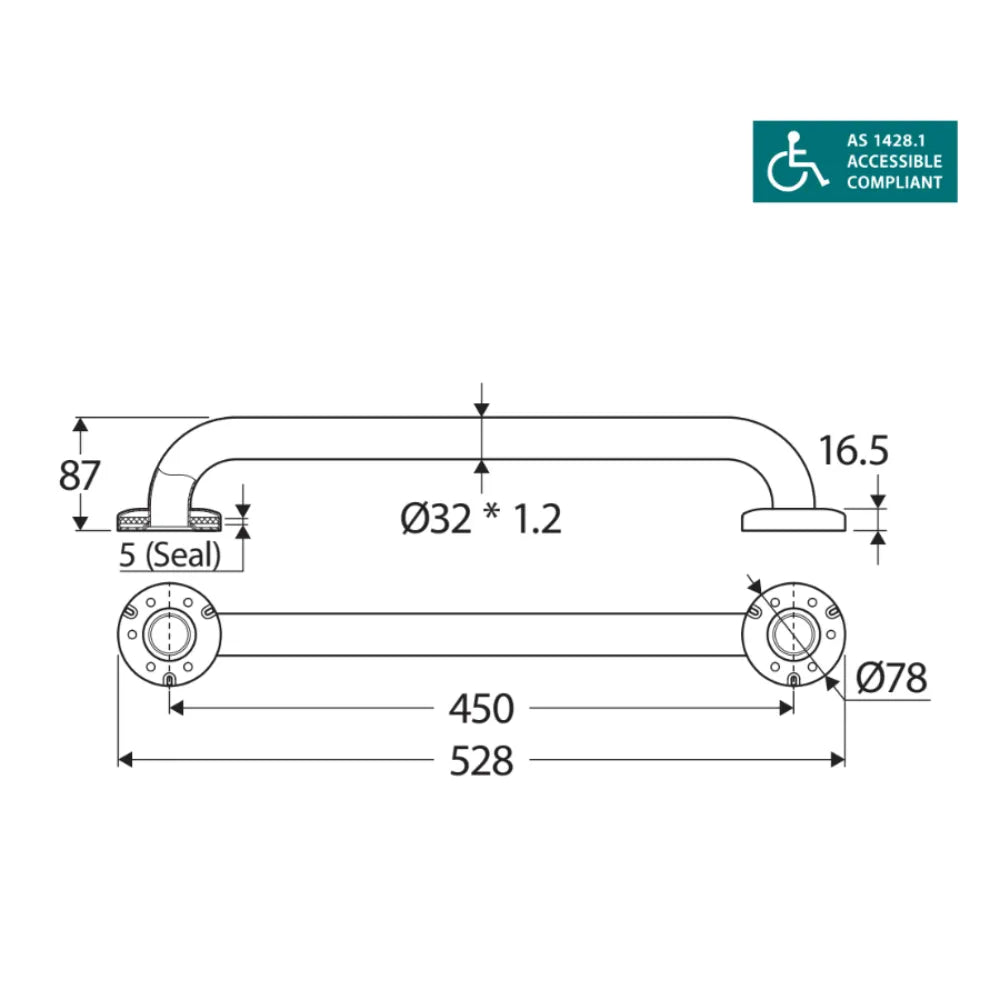 Fienza GRAB45 18-Inch Stainless Steel Grab Bar for Bathroom Safety - ADA Compliant Non-Slip Handrail for Shower, Toilet & Elderly Assistance (450mm/18