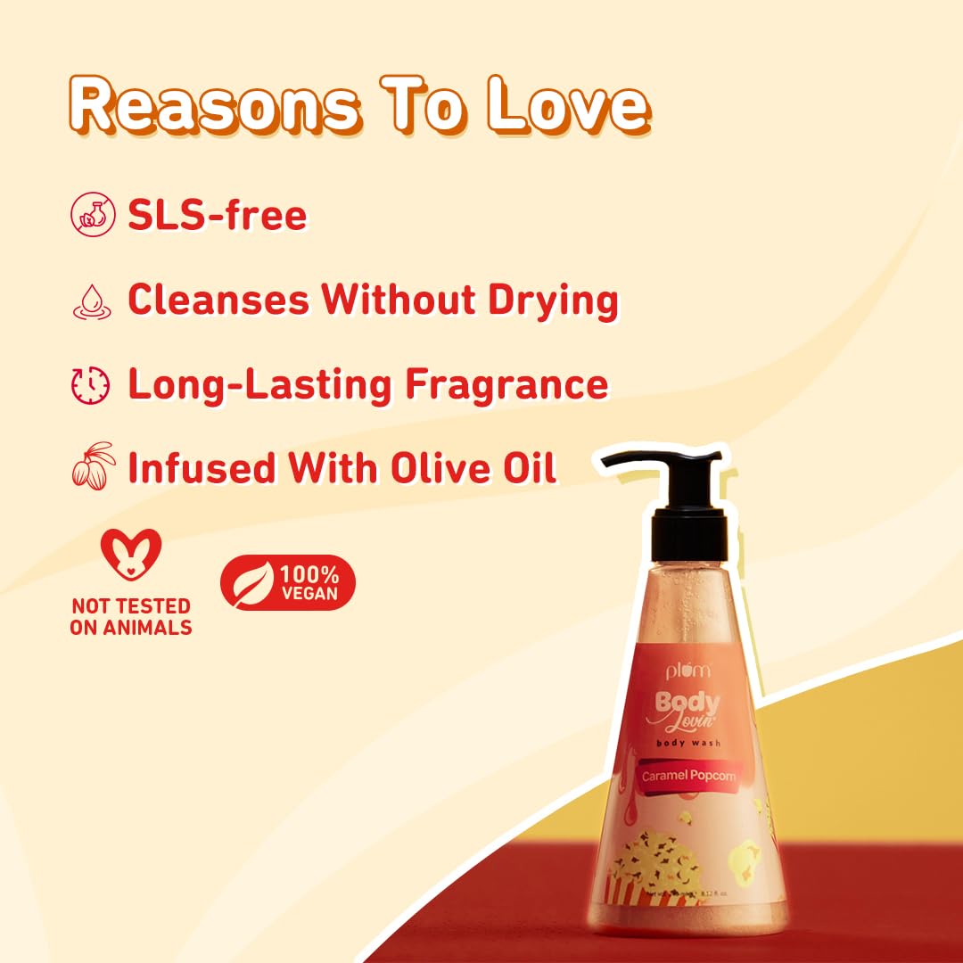 Plum BodyLovin' Caramel Popcorn Body Wash - SLS-Free Moisturizing Shower Gel for Women with Warm Caramel Scent & Aloe Vera | Long-Lasting Fragrance for Soft, Smooth Skin (8.1 fl oz) | Perfect for Relaxing Baths & Gift Sets