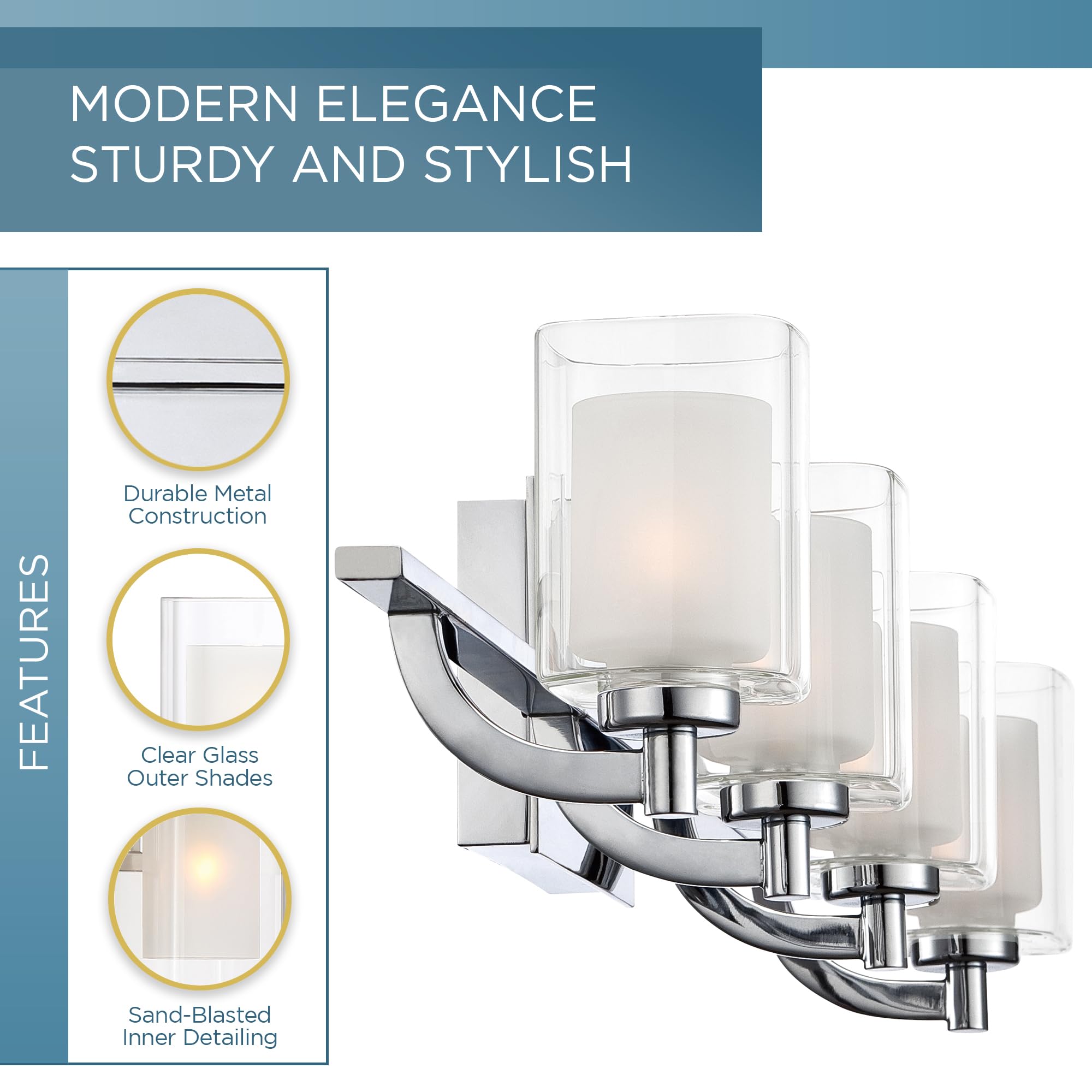 Quoizel Kolt Modern 4-Light Vanity Lights - 29 Inch Polished Chrome Bathroom Lighting Fixture with Sandblasted Inner Glass - 50W LED Bulb - Wall Mount Light for Bathroom Mirror, Kitchen or Hallway - Perfect for Modern Home Décor and Task Lighting