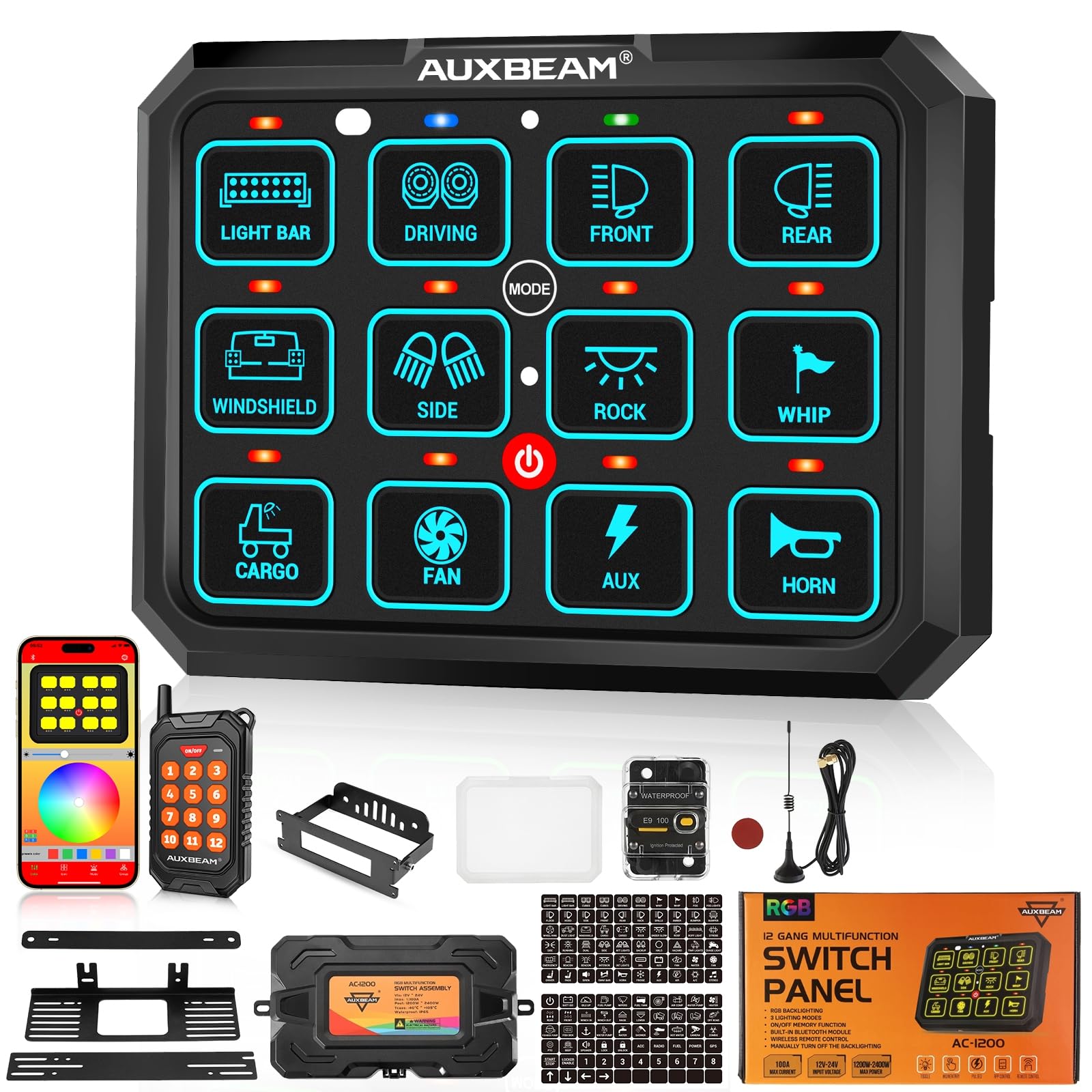 Auxbeam RGB 12 Gang Bluetooth Switch Panel AC-1200 with 165FT Long Range 433MHz Wireless Remote Control, Auto-Dimmable Panel with Toggle Momentary Pulsed, LED Switch Pod for Truck Car Boat Marine - Waterproof Off-Road Lighting Control for Night Driving & Outdoor Adventures