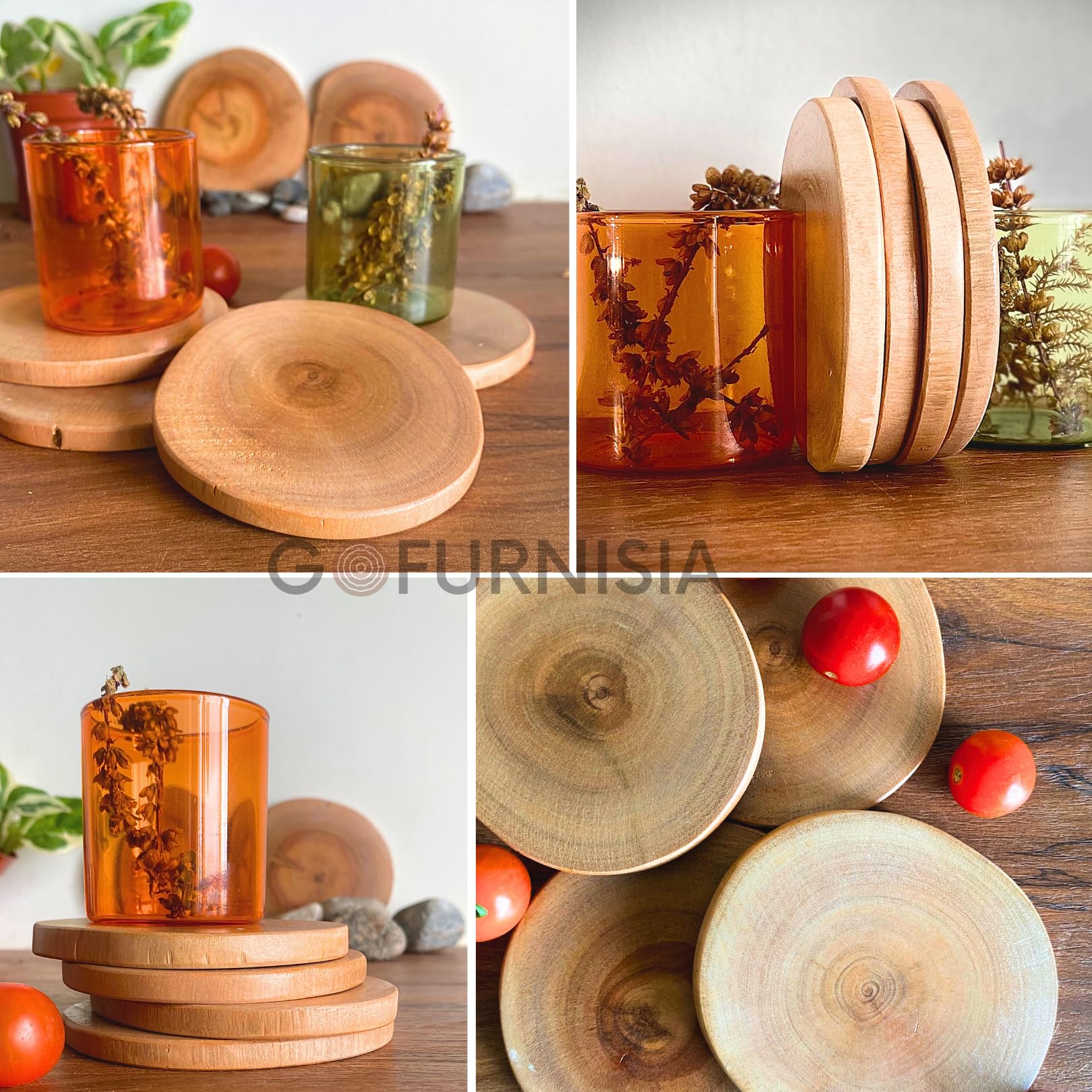 GOFURNISIA ® Set of 2 Rustic Wooden Coasters for Drinks - Natural Solid Wood Log with Finished Edge - Perfect for Dining Table, Coffee Table & Home Decor
