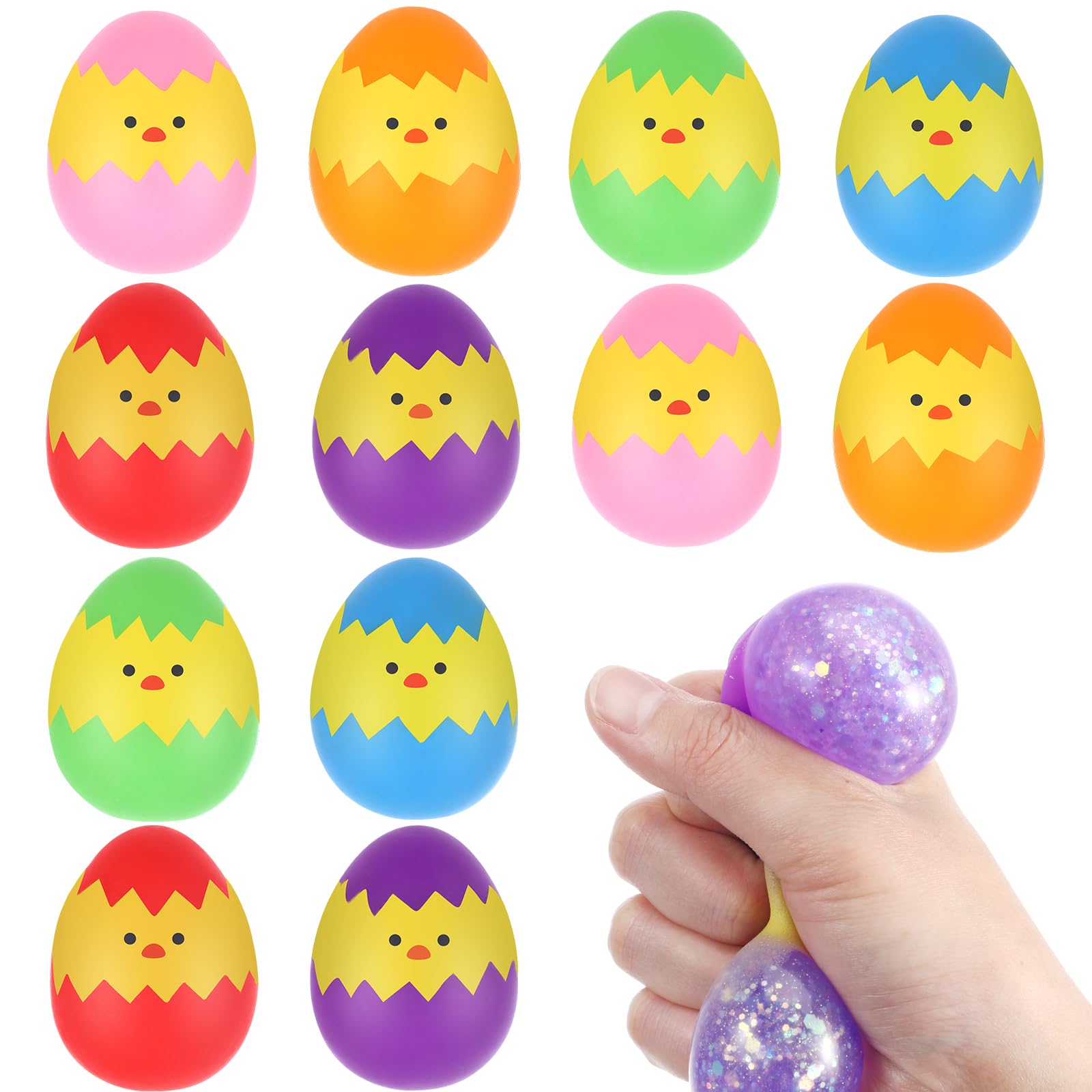 12-Pack Easter Egg Squishy Toys - Sparkling Stress Relief Balls for Kids, Easter Basket Stuffers & Party Favors - Perfect for Easter Egg Hunt, Classroom Rewards, and Sensory Play (Boys & Girls)