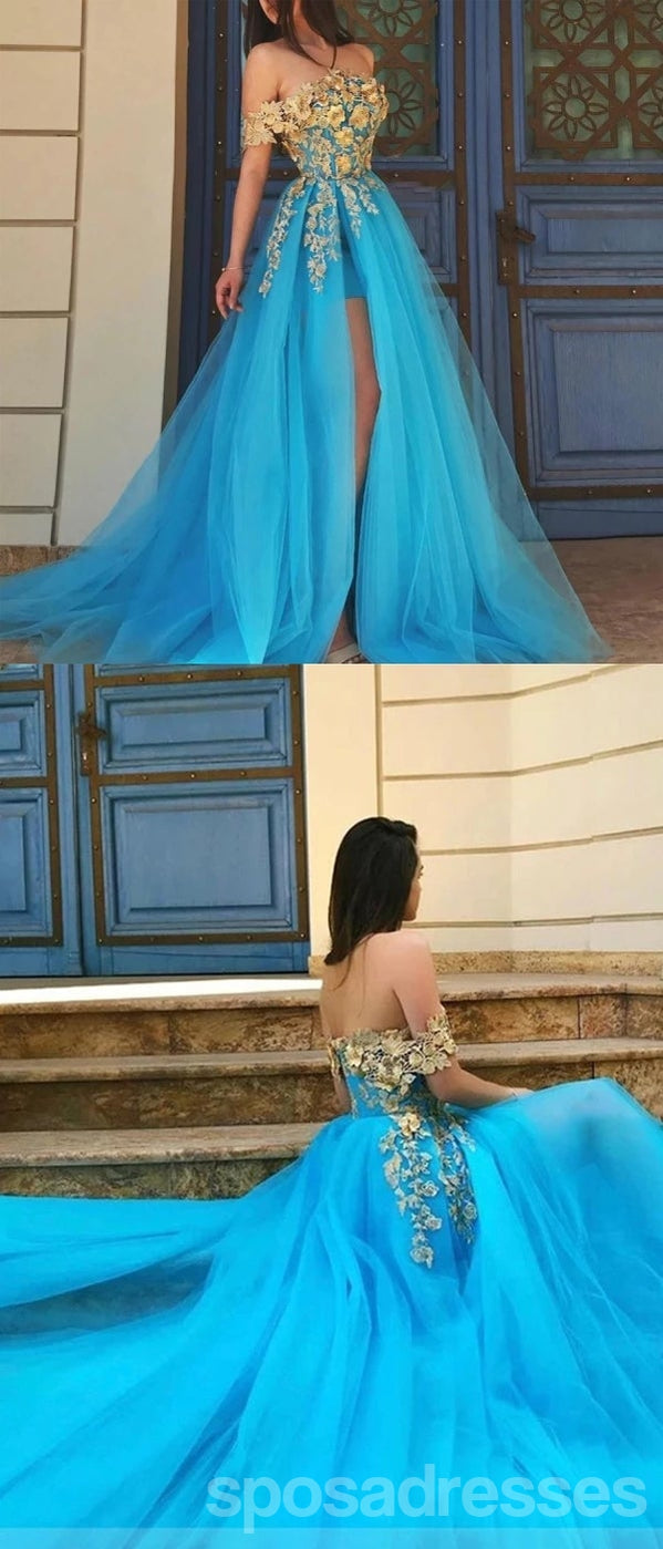 Floral Blue A-Line Off-Shoulder High Slit Long Prom Dresses for Women - Elegant Formal Evening Gowns for Homecoming, Wedding Guest & Special Occasions
