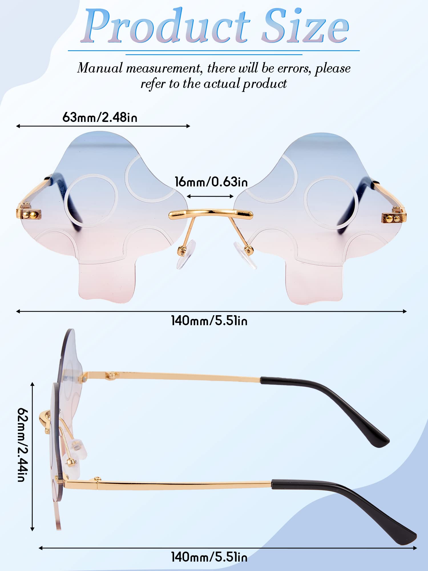 Dunzy 6 Pairs Retro Trendy Mushroom Sunglasses - Rimless Transparent Sun Glasses for Women & Men | Perfect for Beach, Driving, and Fashion Outfits