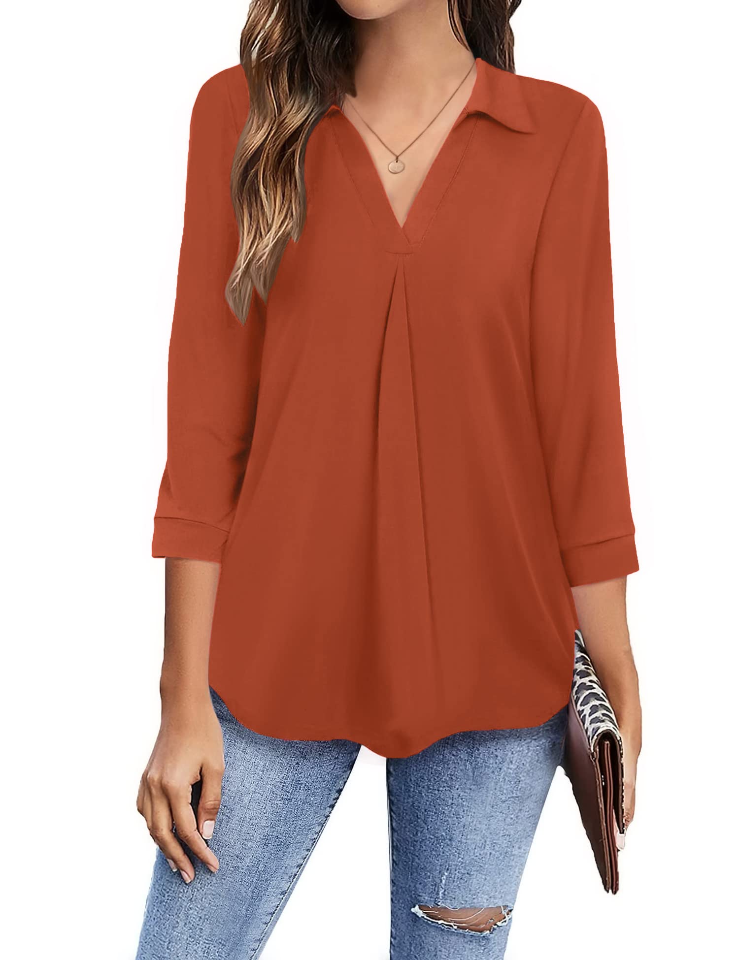 Newchoice Women's Collared V-Neck 3/4 Sleeve Blouse - Business Casual Loose Fit Tops for Work (S-3XL) | Office Wear, Professional Attire & Everyday Comfort