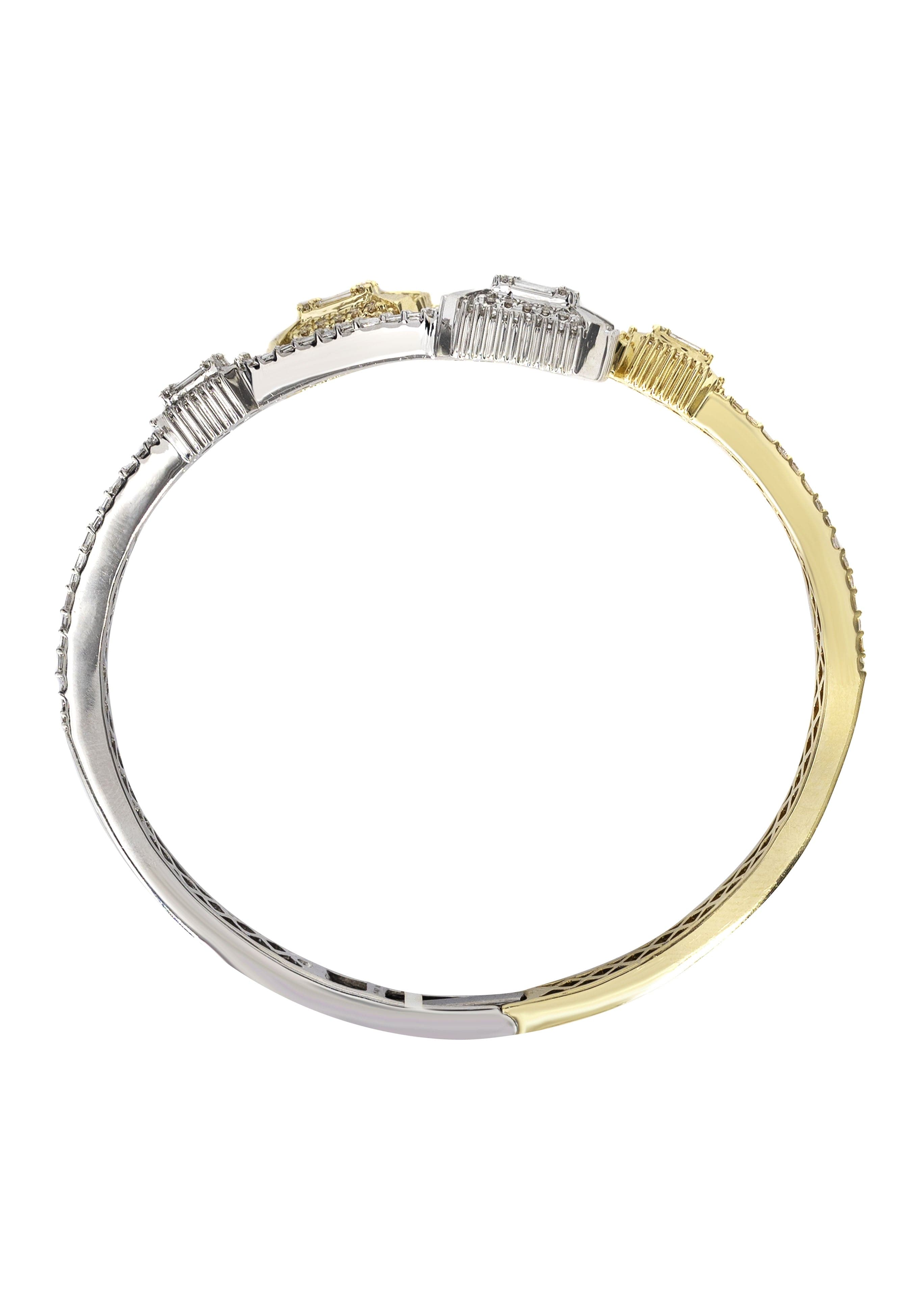 14K Two Tone Diamond Baguette Bangle Bracelet - 29.66g Gold Jewelry with 4.45ct Diamonds | Elegant Wedding, Anniversary & Special Occasion Gift for Women
