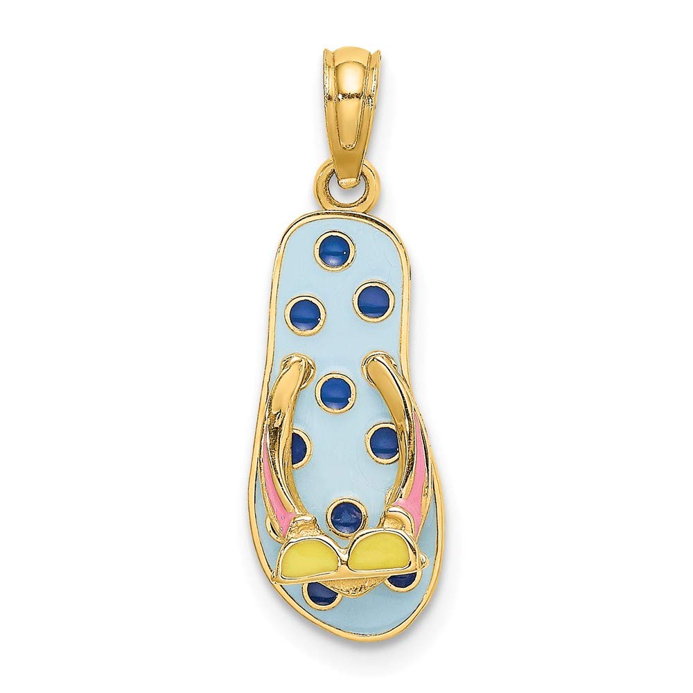 14K Yellow Gold Enamel Sunglasses on Blue Polka Dot Flip Flop Charm Pendant Necklace - 18