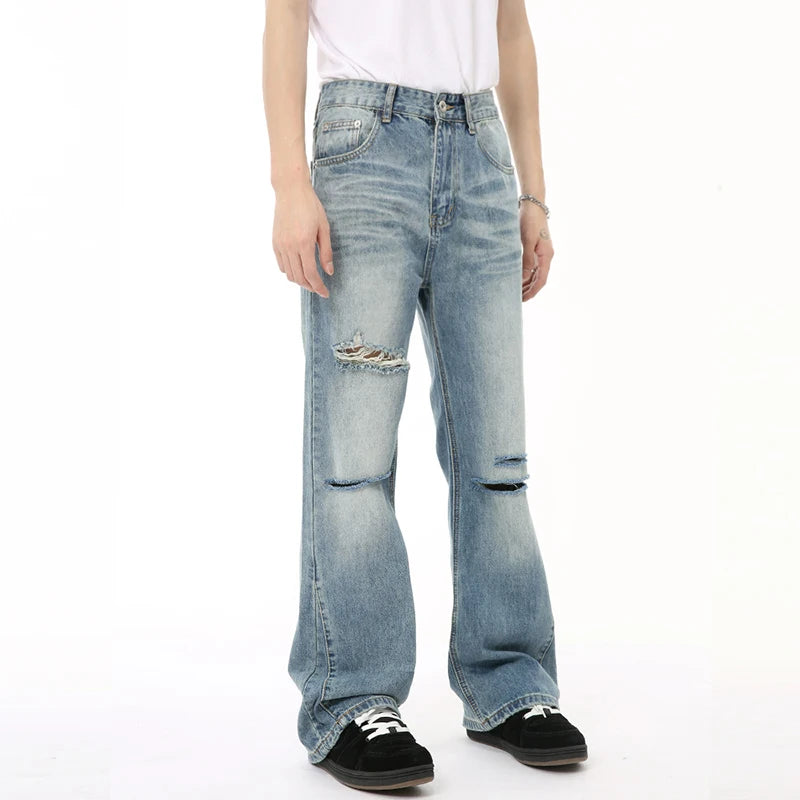 Stylish American Men's Denim Pants - Distressed Hole Design, Wide Leg & Straight Fit Casual Jeans for Men | Solid Color Chic Male Bottoms (9C6608) | Perfect for Streetwear, Everyday Fashion & Urban Outfits