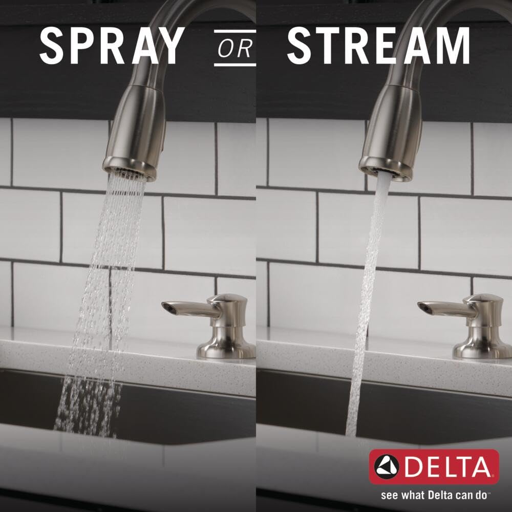 Delta Kate Brushed Nickel Pull Down Kitchen Faucet with Sprayer & Soap Dispenser - Modern Stainless Steel Sink Faucet for Home & Restaurant Kitchens (Model 16970-SSSD-DST) - Perfect for Washing Dishes, Filling Pots & Cleaning Countertops