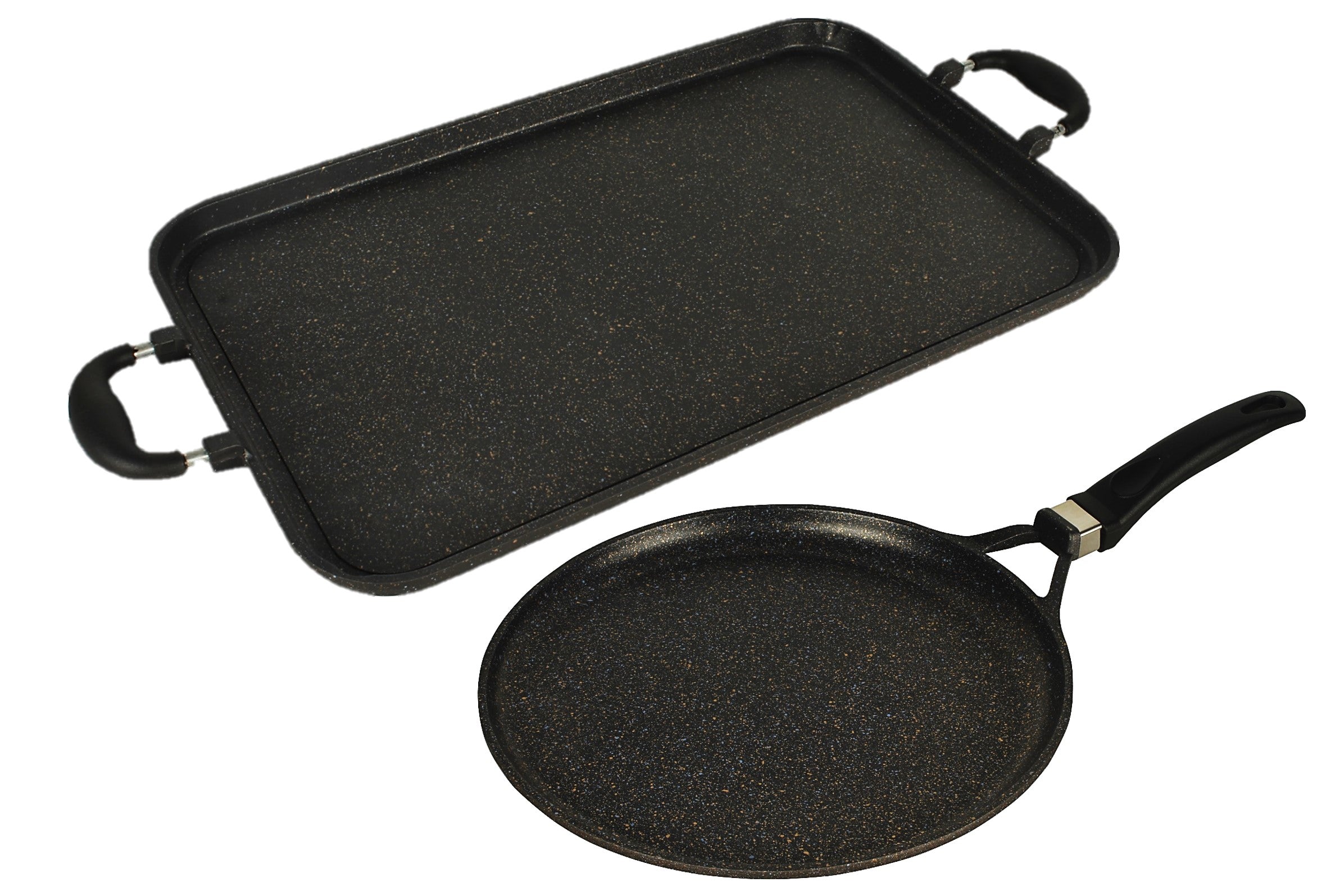 2-Pack Marble Griddle Set - 1 & 2 Burner Rectangle & Round Cast Iron Cooking Surface | Perfect for Outdoor Camping, BBQ Grilling & Stovetop Cooking
