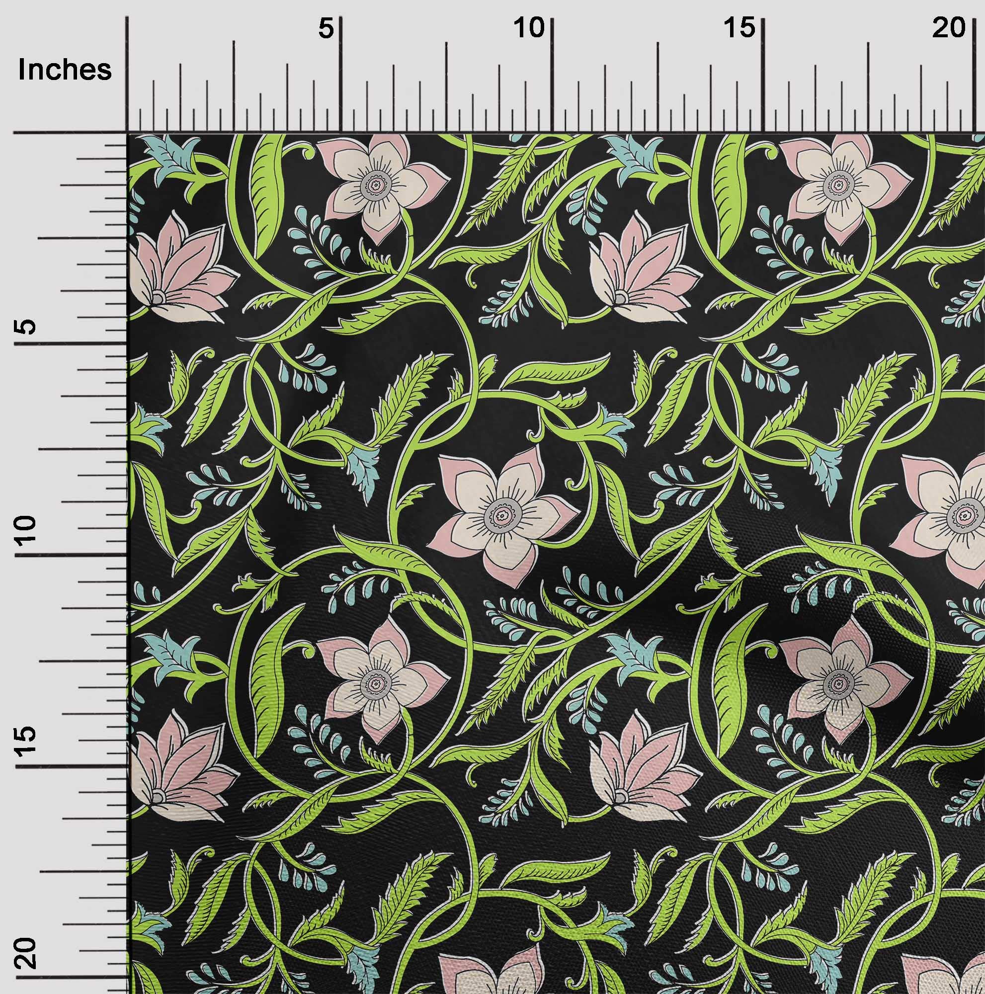 Premium Cotton Poplin Fabric - Black Floral Leaves & Flowers Print, 42 Inches Wide by The Yard | Perfect for DIY Crafts, Quilting, Home Decor & Sewing Projects