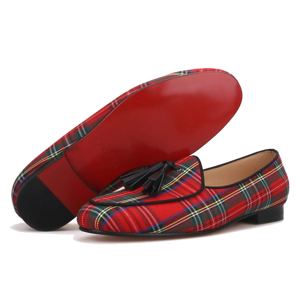 FERUCCI Men's Red Scottish Tartan Slippers - Comfortable Loafers with Black Leather Tassel | Casual House Shoes for Men, Perfect for Indoor Wear, Lounge & Relaxation