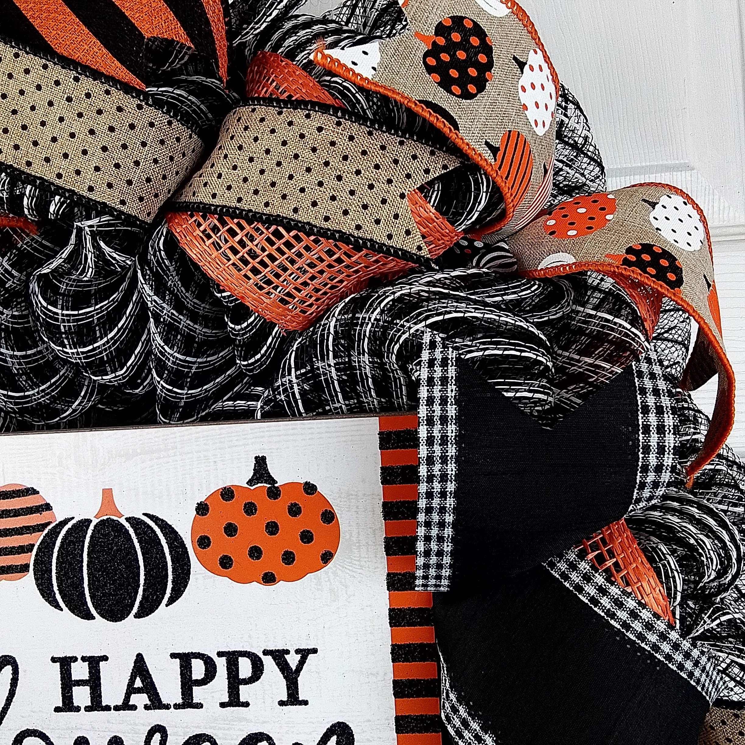 Happy Halloween Wreath - Pumpkin Door Wreath Decor for Halloween & Thanksgiving - Orange Black White Burlap Stripe Jack O Lantern Wreath - Perfect for Front Door, Office & Home Halloween Decorations