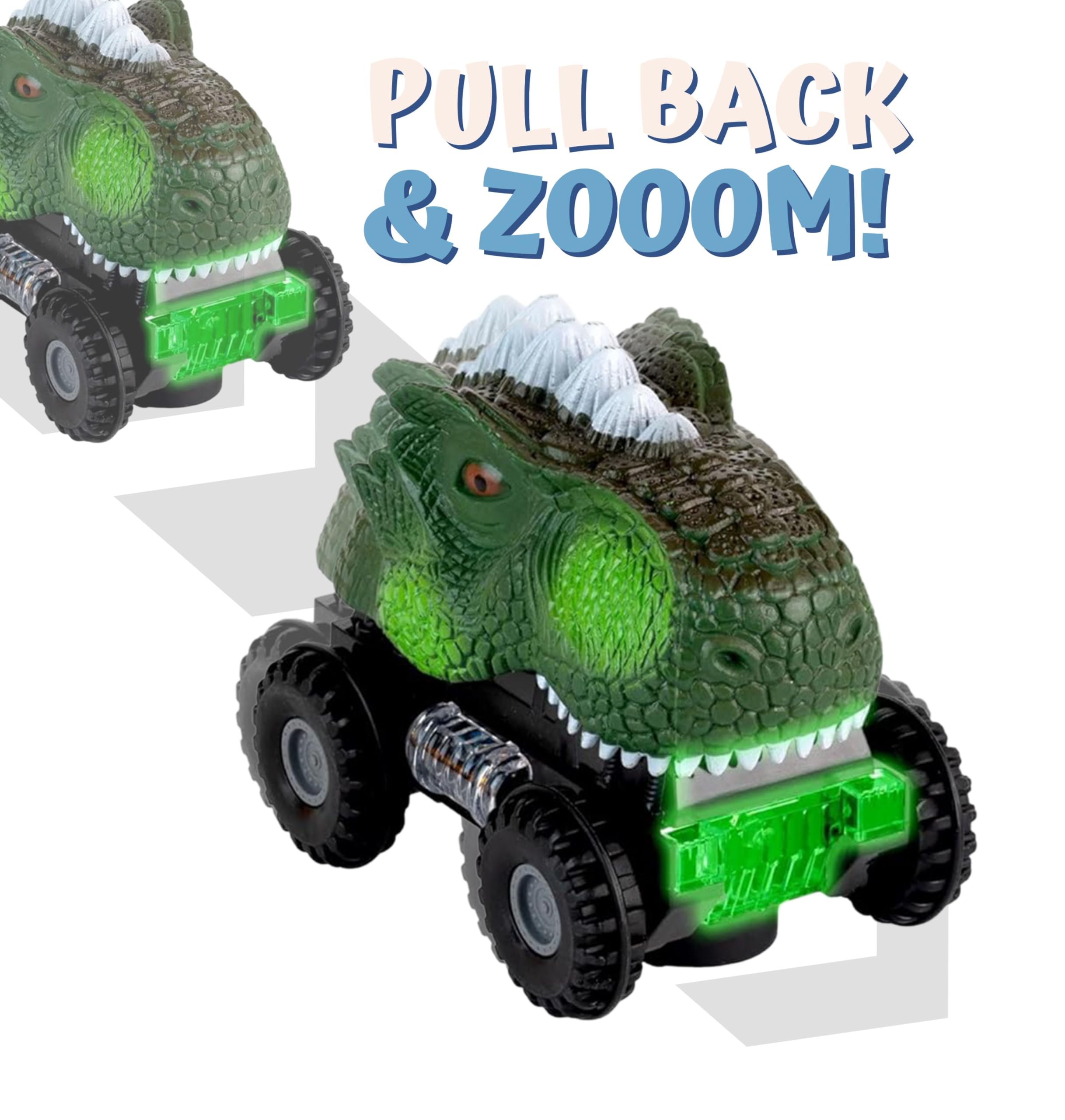 ToyVelt 2021 Edition Pull Back Dinosaur Cars - 4 Pack Light Up & Sound Toys for Kids Ages 3-10 | Fun Birthday & Christmas Gift for Boys & Girls | Perfect for Pretend Play, Party Favors & Dinosaur Themed Activities