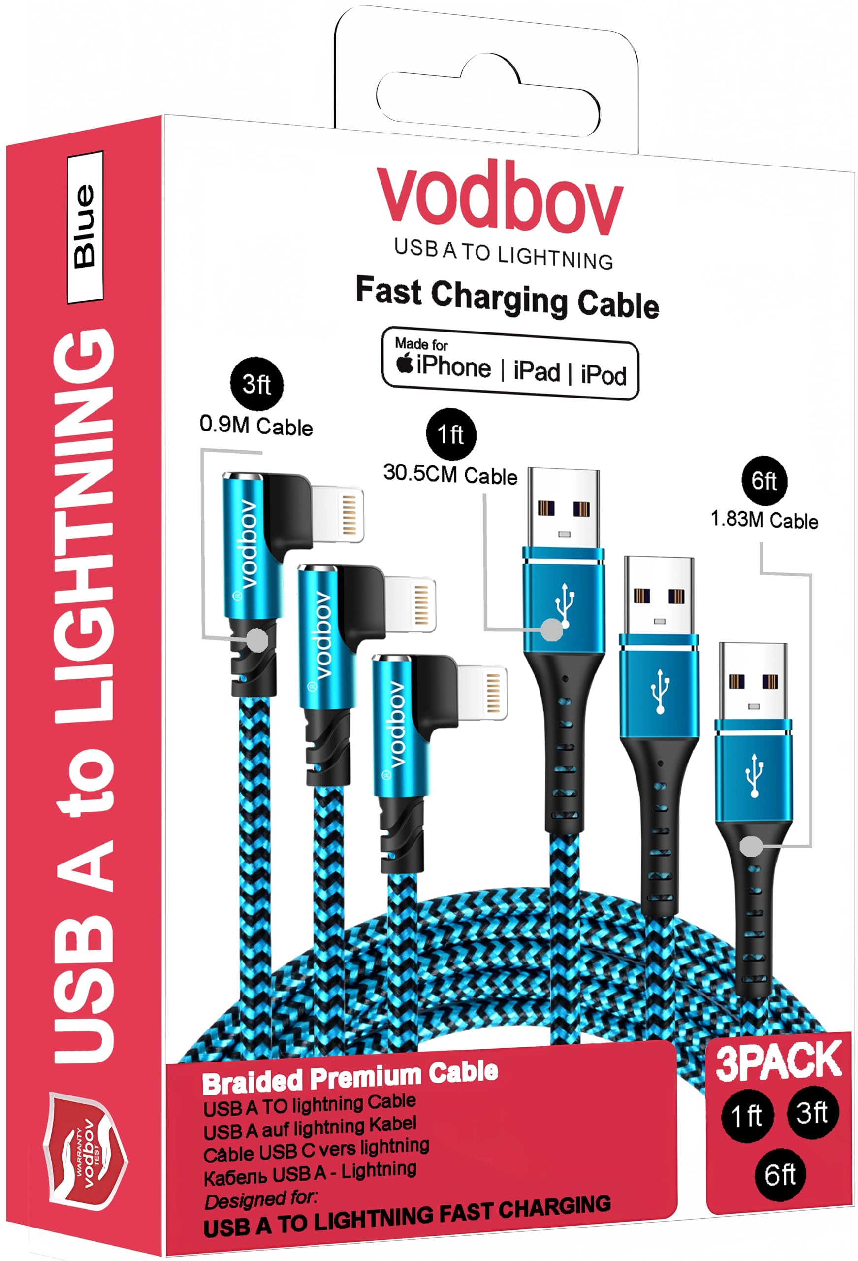 3-Pack Lightning Cable [6ft+3ft+1ft] - Apple MFi Certified Fast Charging & Data Sync USB A to Lightning Cable - Durable Braided Nylon iPhone Charger with Right Angle Design - Perfect for Home, Office & Travel Charging