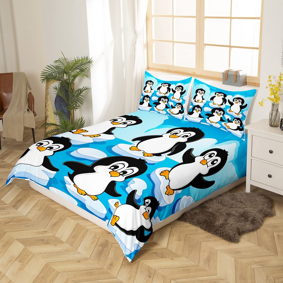 2-Piece Cartoon Penguin Duvet Cover Set - Cute Baby Penguins Playing in Water with Various Poses - Twin Size Comforter Cover for Kids, Boys, Girls & Teens - Summer Themed Children's Bath Toys Illustration Bedding - Perfect for Kids' Bedroom Decor & Themed Sleepovers