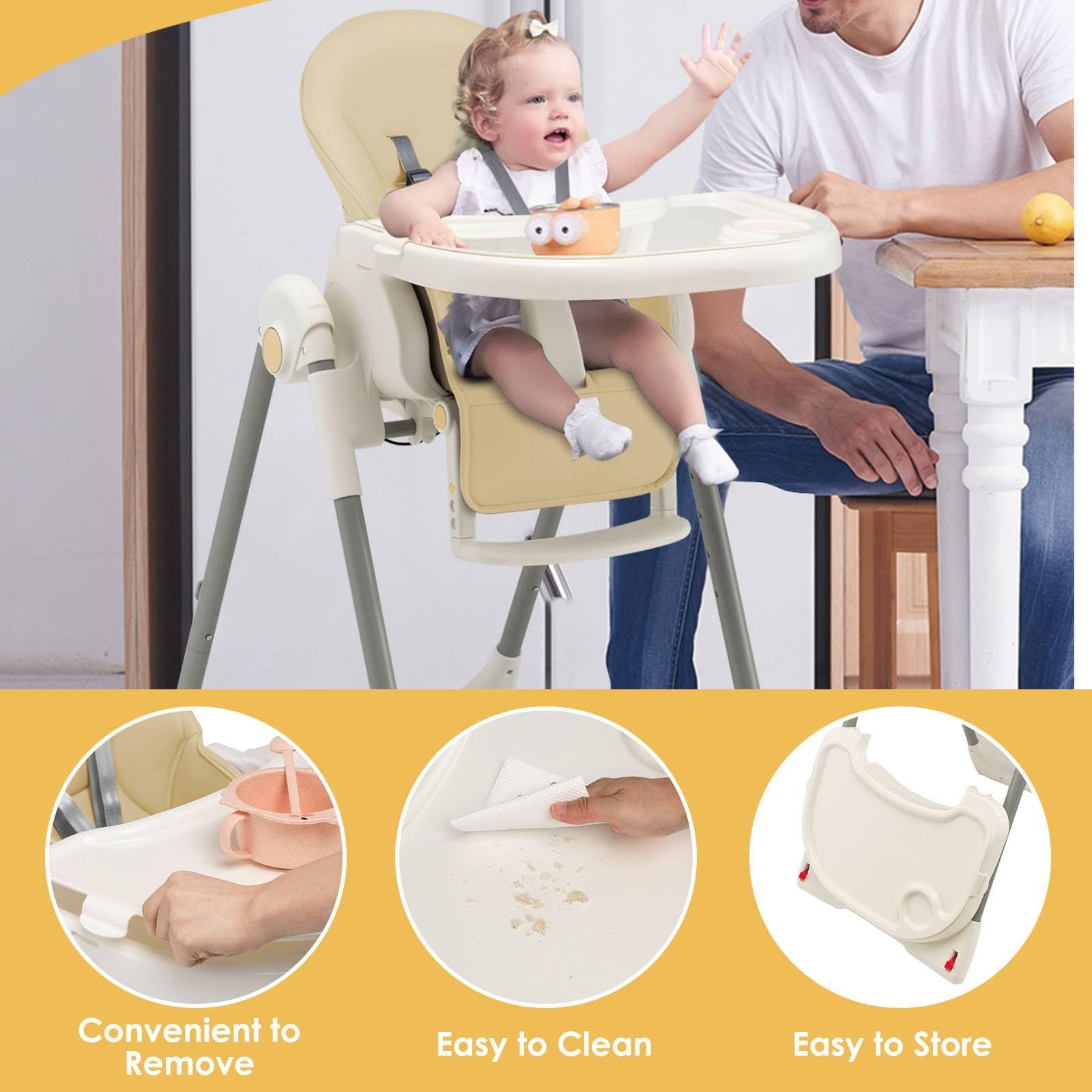 Maxmass 4-in-1 Foldable Baby High Chair with 5-Point Safety Harness, Removable Dual Tray & Cushion - Adjustable Infant Feeding Seat with Toy Bar & Wheels for Toddlers 6-36 Months (Beige) | Perfect for Dining, Playtime & Travel