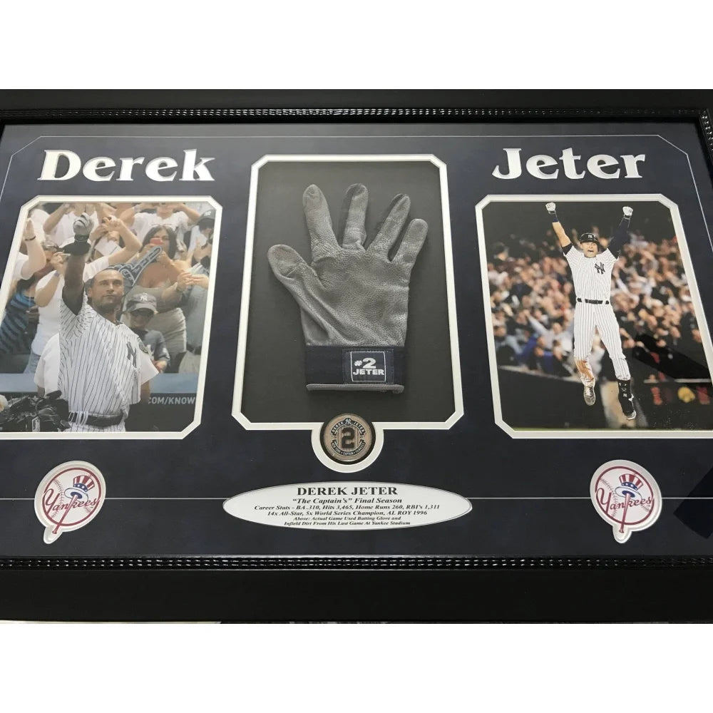 Derek Jeter Authentic Game Used Baseball Glove 8x10 Framed Collage with Original Dirt - Steiner COA Certified - New York Yankees Memorabilia - Perfect for Sports Collectors and Yankees Fans Display