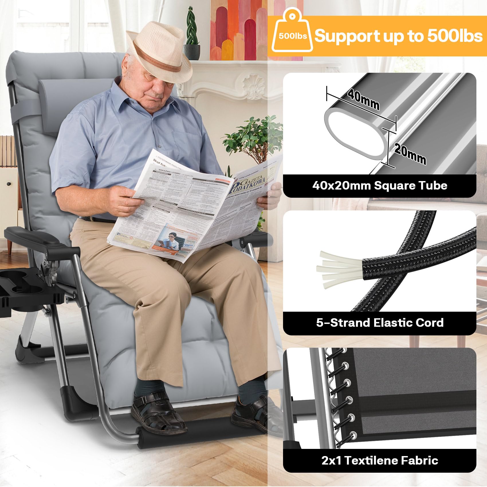 Slendor XXL Oversized Zero Gravity Lounge Chair - 33In Padded Folding Recliner with Aluminum Alloy Lock, Headrest & Cup Holder - 500lbs Weight Capacity - Perfect for Patio, Lawn, Backyard & Poolside Relaxation (Grey)