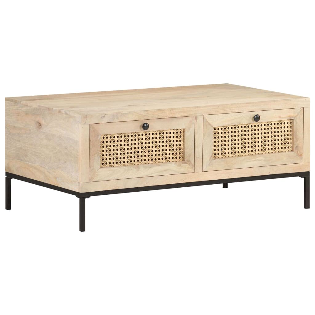 Industrial Style Coffee Table - Solid Mango Wood & Natural Cane Center Table with Storage, 35.4