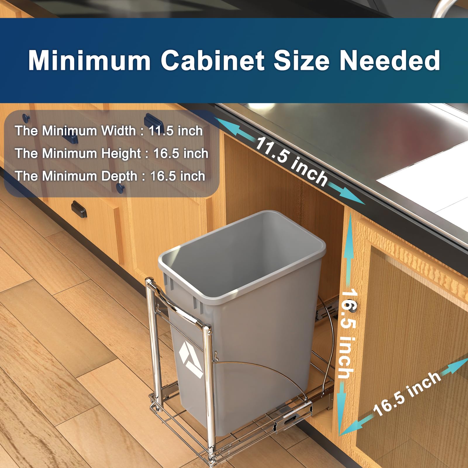 Adjustable Pull Out Trash Can for 7-13 Gallon - Under Cabinet or Sink Slide Out Garbage Bin - Perfect for Kitchen, Bathroom, or Office Organization