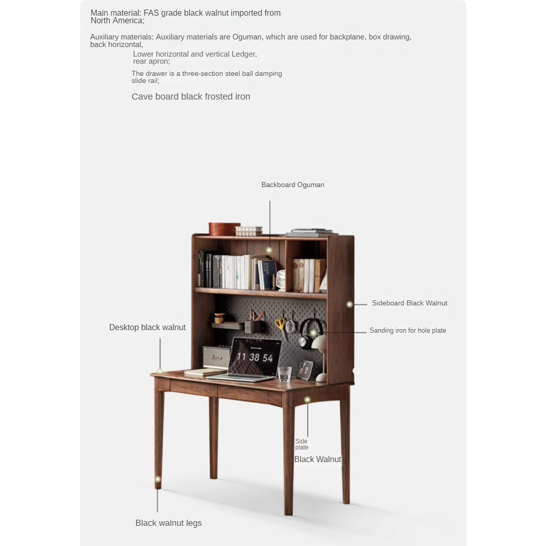 Solid Black Walnut Wood Bookshelf Table - Modern Integrated Study Desk & Storage Shelf for Home Office, Living Room, and Library Use