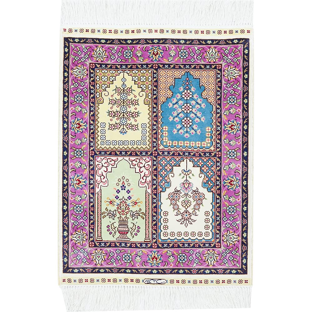 1.5x2ft Silk Hand-Knotted Persian Carpet - Four Seasons Garden Design Home Decor Rug for Living Room, Bedroom & Office