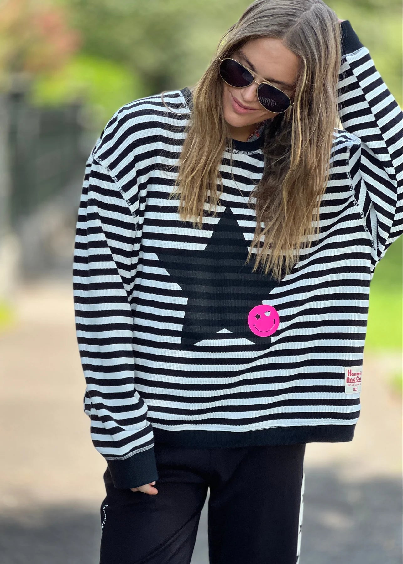 Star Stripe Black & White Waffle Knit Top for Women - Casual Loose Fit Long Sleeve Shirt for Fall & Winter | Perfect for Layering, Office Wear and Weekend Outfits
