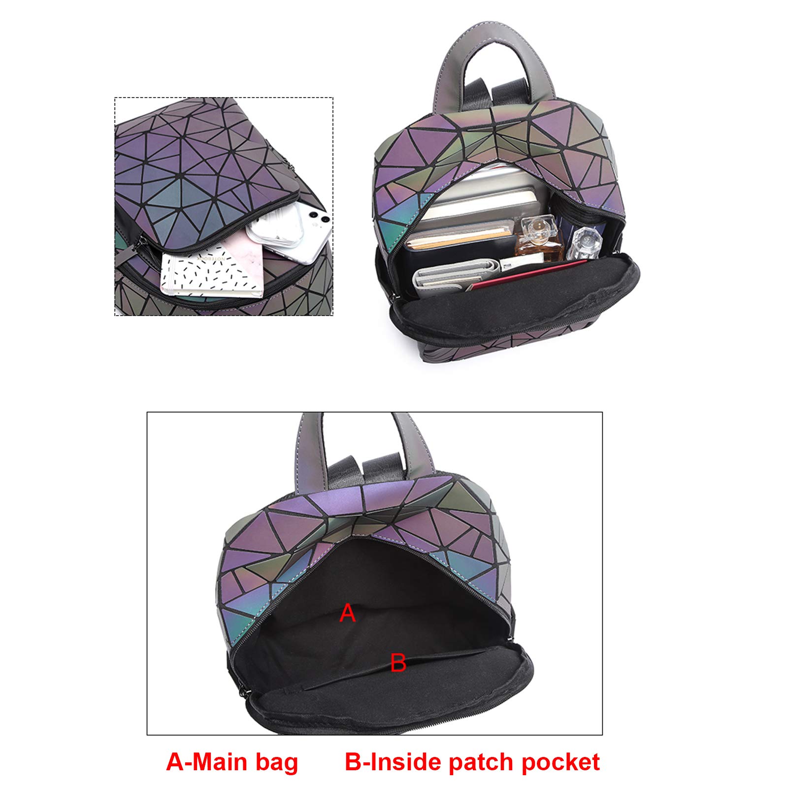 Luminous Geometric Backpack for Women - Holographic Reflective Purse & Iridescent Handbag - Stylish Aesthetic Accessory for College, Work, Travel and Night Out