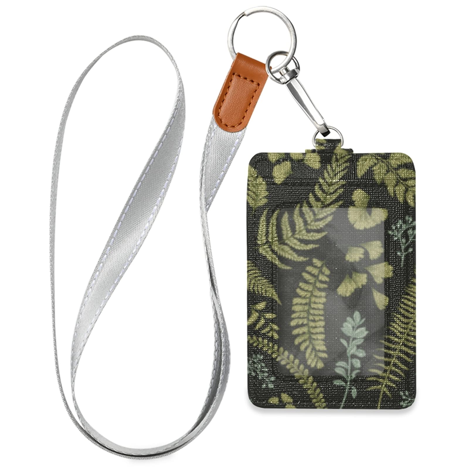 Vintage Green Leaf PU Leather ID Badge Holder - Neck Lanyard & Key Ring Included - Perfect for Office, School, Events and Nursing Jobs