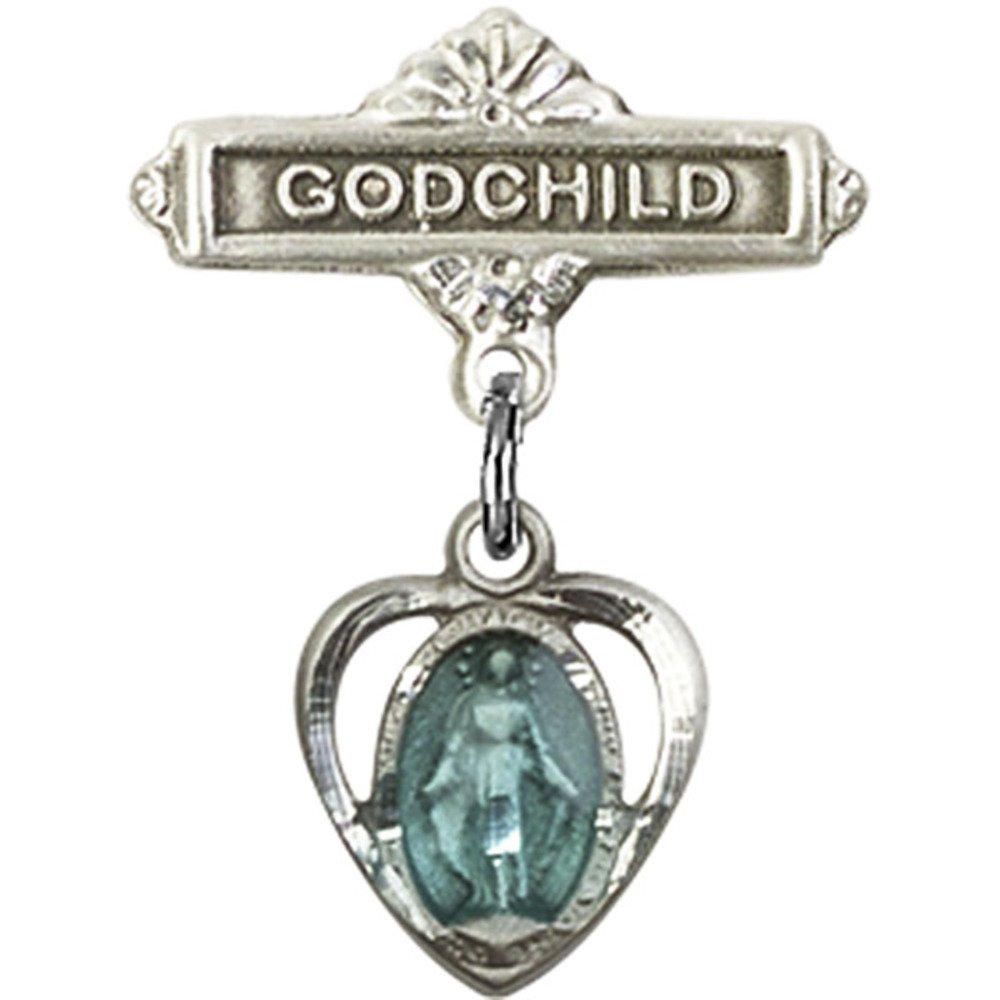 925 Sterling Silver Baby Badge with Blue Heart & Miraculous Charm - Godchild Pin 7/8