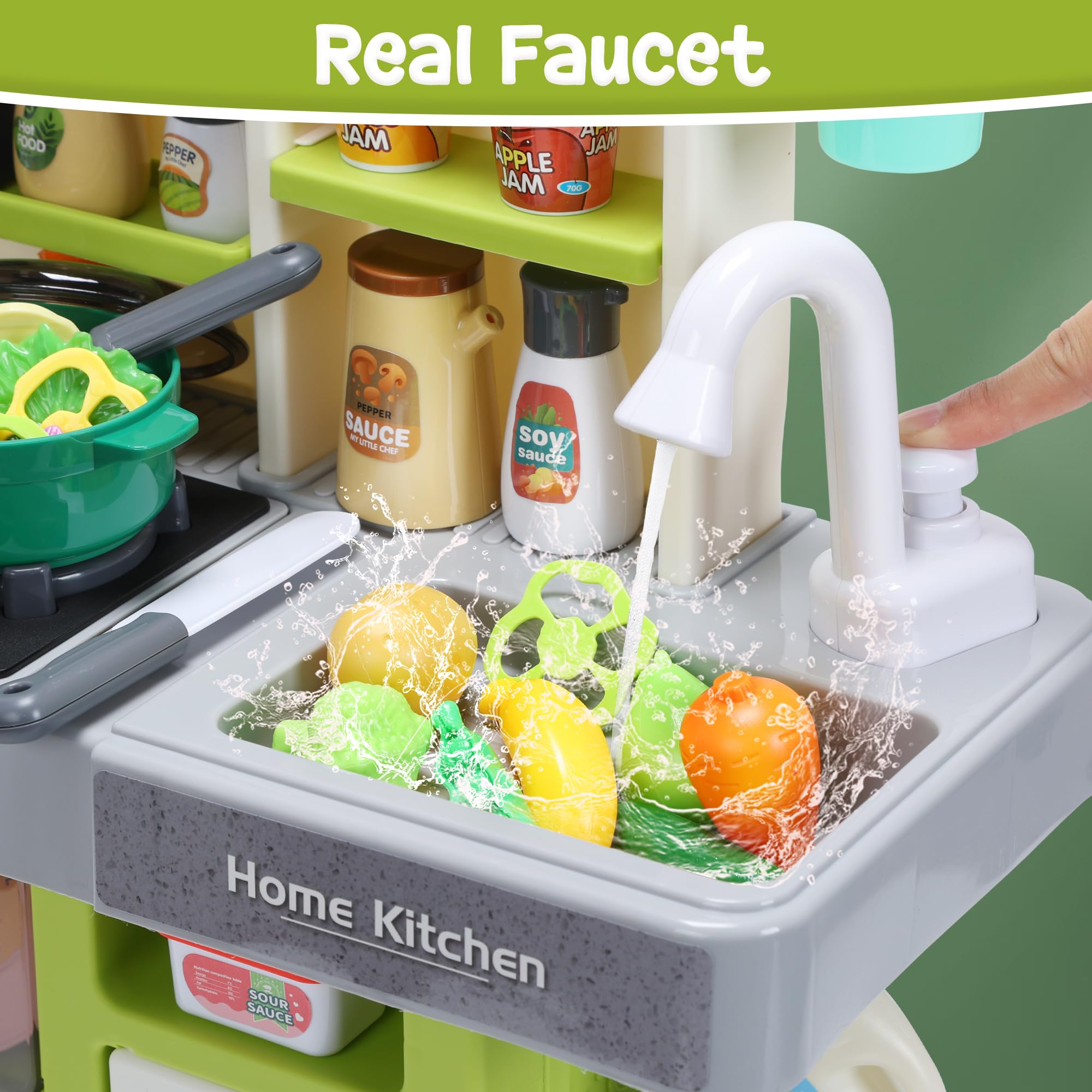 HOLYFUN Kids Pretend Play Kitchen Set with Sounds, Lights & Steam - Interactive Toy Cooking Stove, Sink & Play Food - Educational Kitchen Playset for Toddlers & Children - Perfect for Imaginative Play & Early Learning (Green)