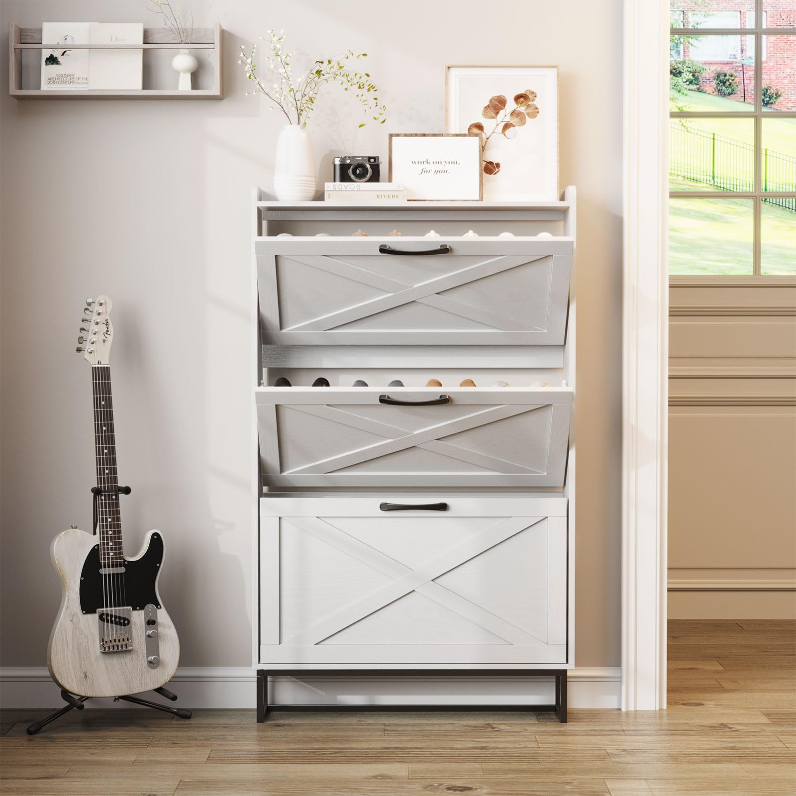 Maupvit Narrow Shoe Cabinet with 3 Flip Drawers - Slim Entryway Shoe Storage Organizer with Metal Legs, Farmhouse Style Free Standing Shoe Rack for Hallway, Living Room & Bedroom Organization