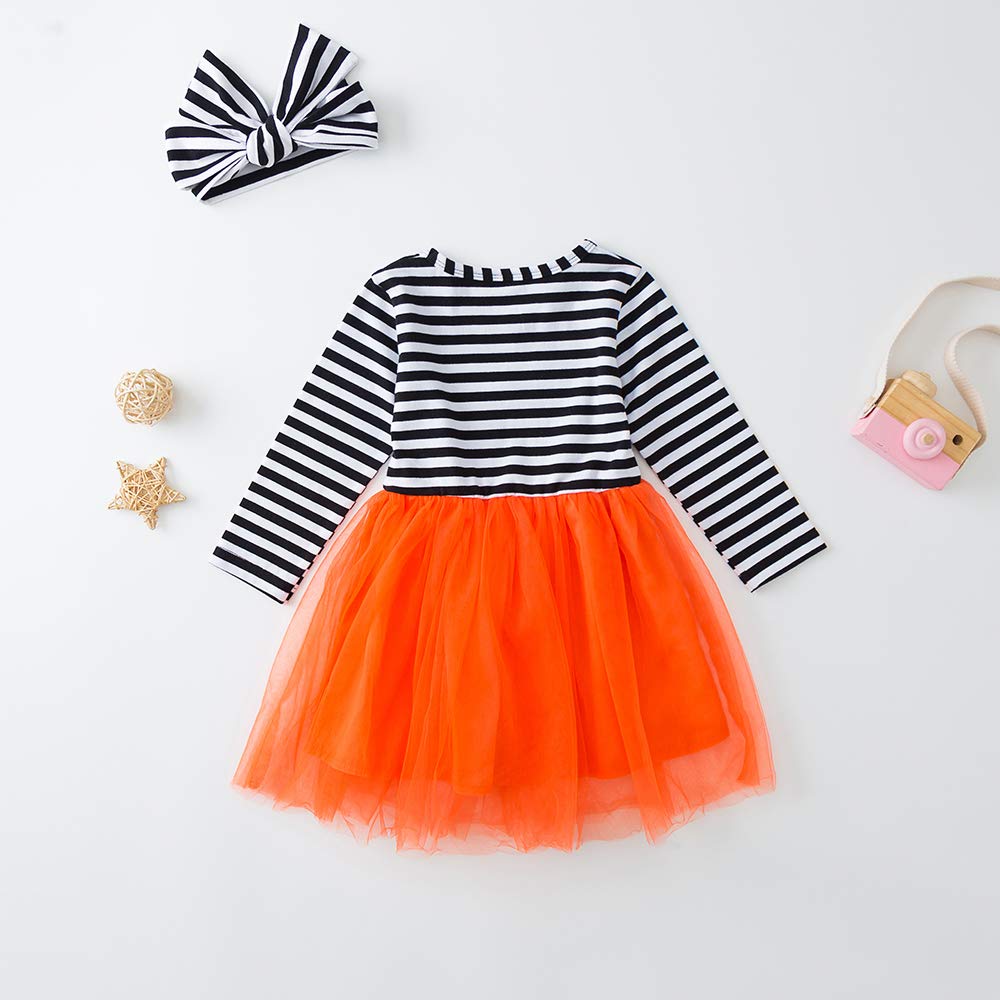 Pumpkin Print Tutu Dress for Toddler Girls - Long Sleeve Striped Skirt Outfit with Headband | Fall Photoshoot, Halloween Costume, Birthday Party Outfit