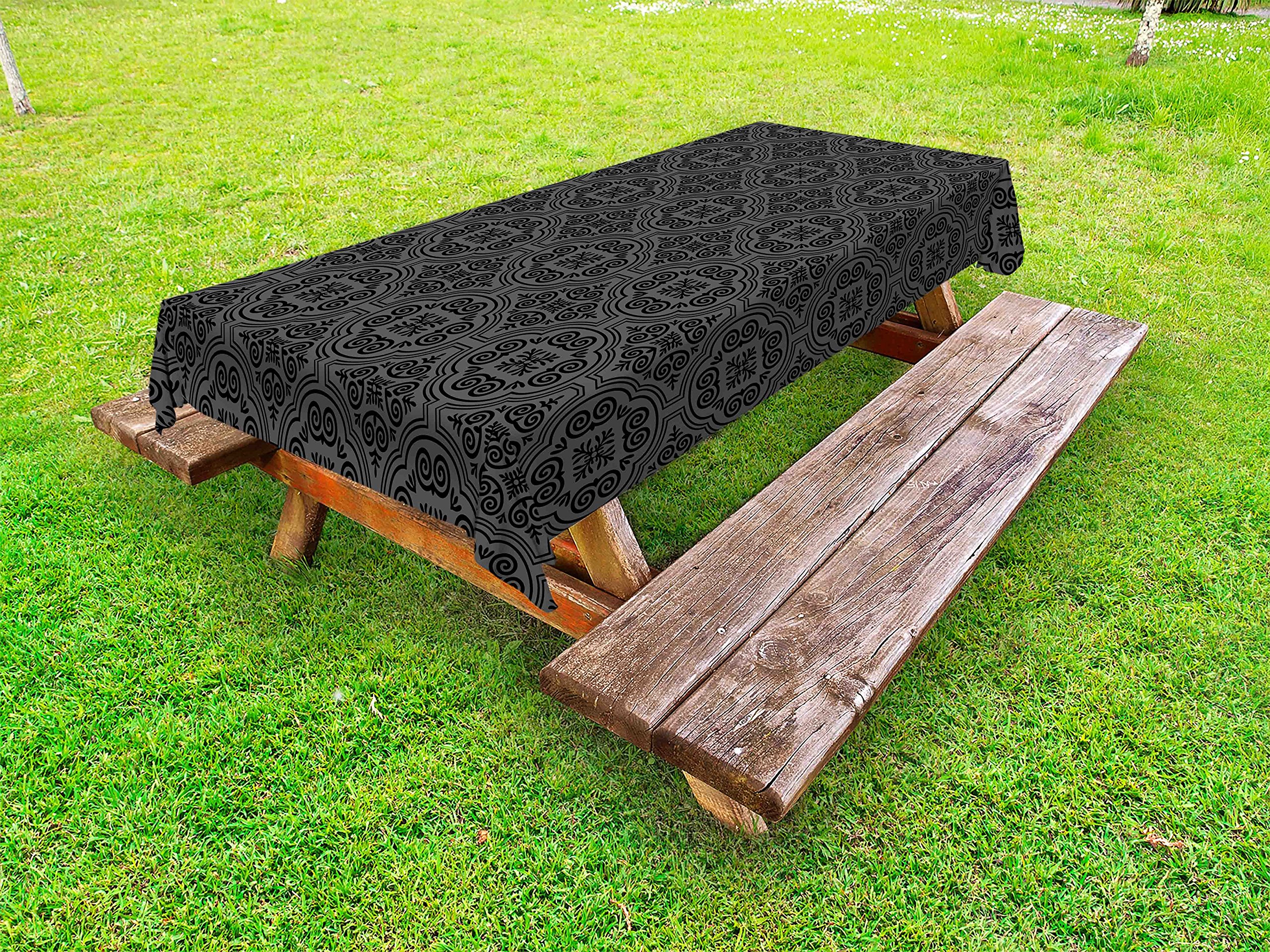 Ambesonne Dark Grey Outdoor Tablecloth - Baroque Venetian Flower Medieval Gothic Design, Washable Picnic Table Cover 58x104 Inches - Perfect for Garden Parties, BBQ, Wedding Decor & Outdoor Dining
