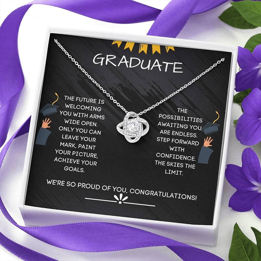 Personalized Love Knot Necklace - 2021 Graduate Gift - Inspirational 'Skies The Limit' Jewelry for Women | Perfect Graduation Present, Senior Year Keepsake & Thoughtful Card Companion | Ideal for Commencement Ceremonies, Graduation Parties & Celebrating Academic Achievements