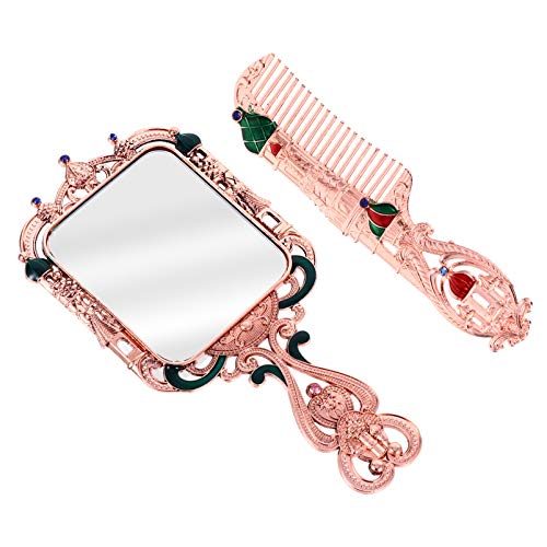 Beaupretty 2Pcs Vintage Rose Gold Metal Mirror and Comb Set - Antique Handheld Vanity Mirror with Comb for Dressing Table, Bridal Makeup, and Home Decor