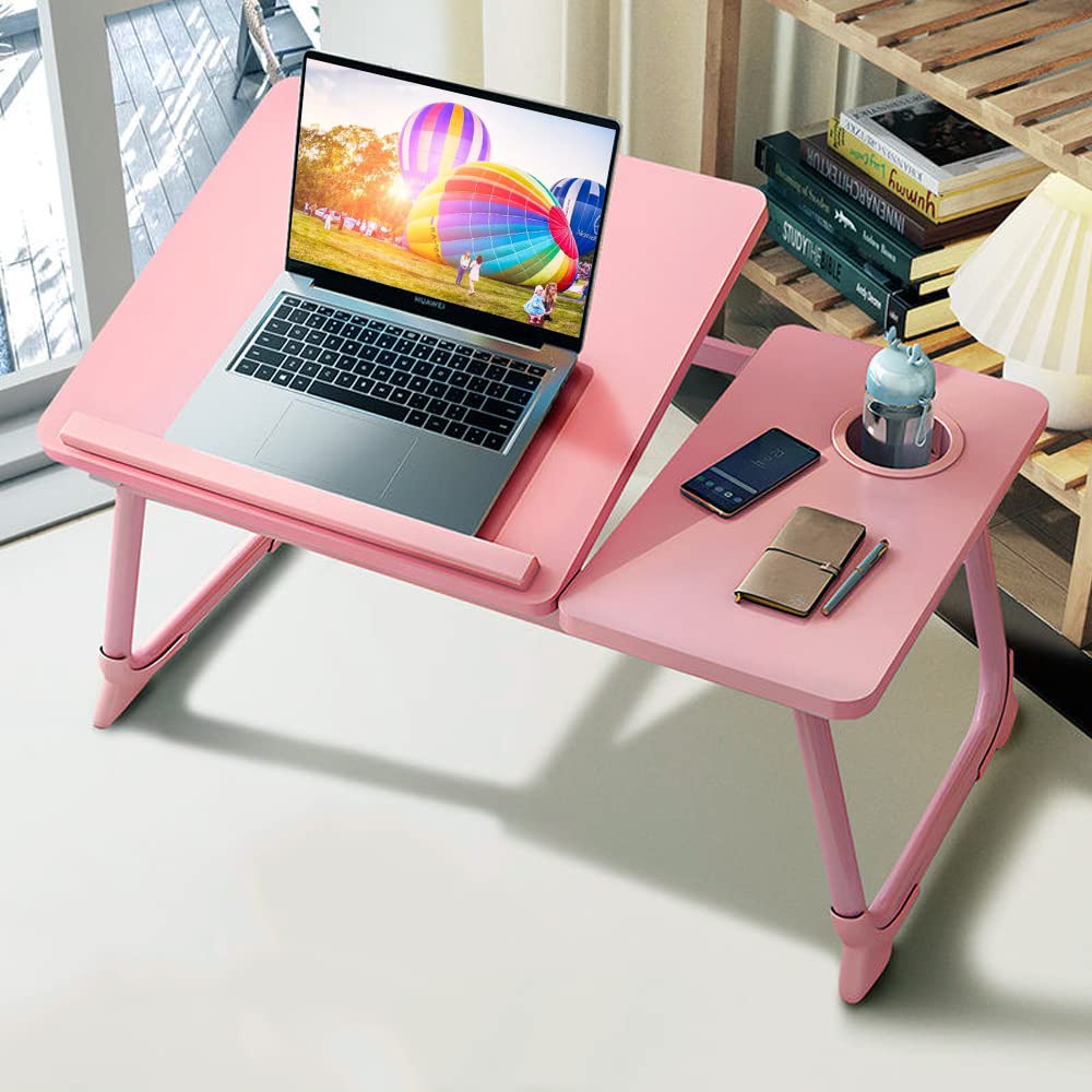 Foldable Adjustable Laptop Desk for Bed with Cup Holder - Portable Notebook Stand, Bed Tray Table for Working, Studying & Eating in Bed (Pink) - Perfect for Home Office, Dorm Room & Cozy Workspaces