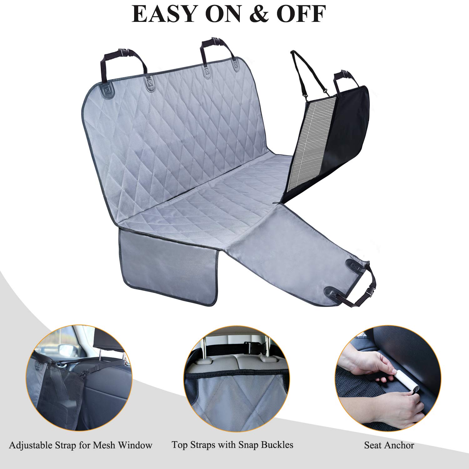VIVAGLORY Dog Car Seat Cover - Waterproof Pet Hammock with Side Flaps & Mesh Window | Quilted Durable Backseat Protector for Cars, SUVs & Trucks | Universal Fit | Grey | Perfect for Road Trips & Daily Pet Transportation