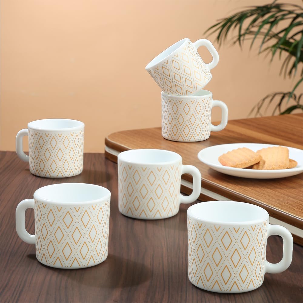 BOROSIL Larah Angel Gold Opalware Tea Coffee Mug Set - 6 Piece 100ml Microwave & Dishwasher Safe Bone-Ash Free White Crockery | Perfect for Home, Office, Gifts & Daily Use