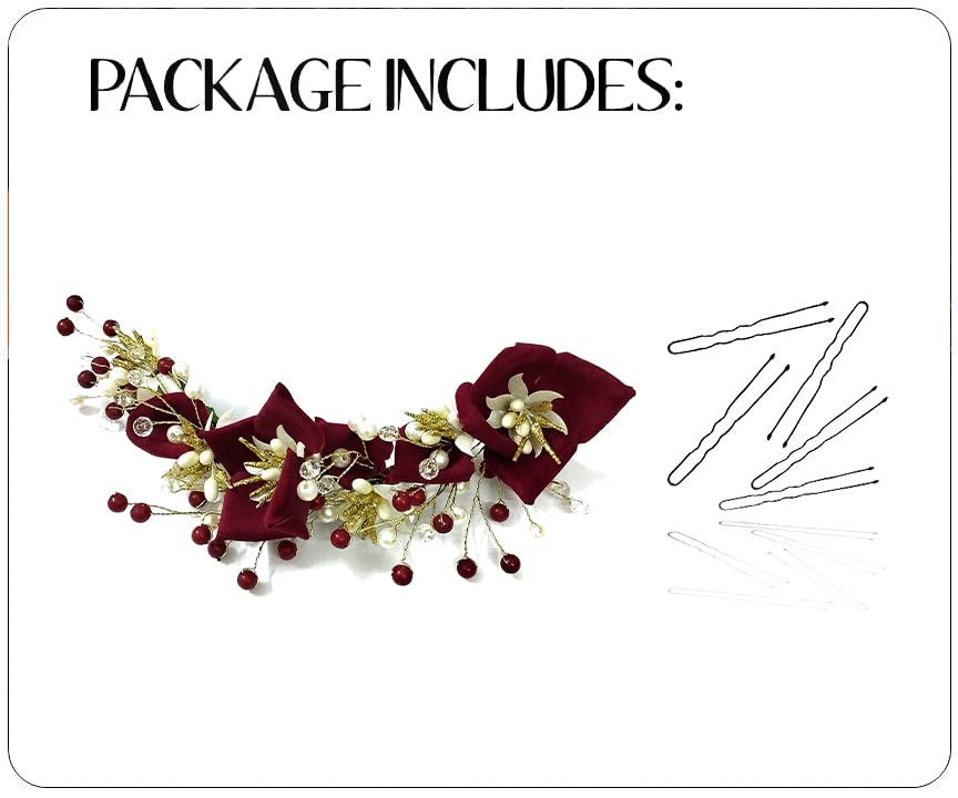 Artificial Lily Flower Hair Clip with Stone & Pearl - Bridal Hair Veil, Juda Bun, Hair Accessories for Women & Girls (Maroon) | Perfect for Weddings, Prom, Parties & Special Occasions