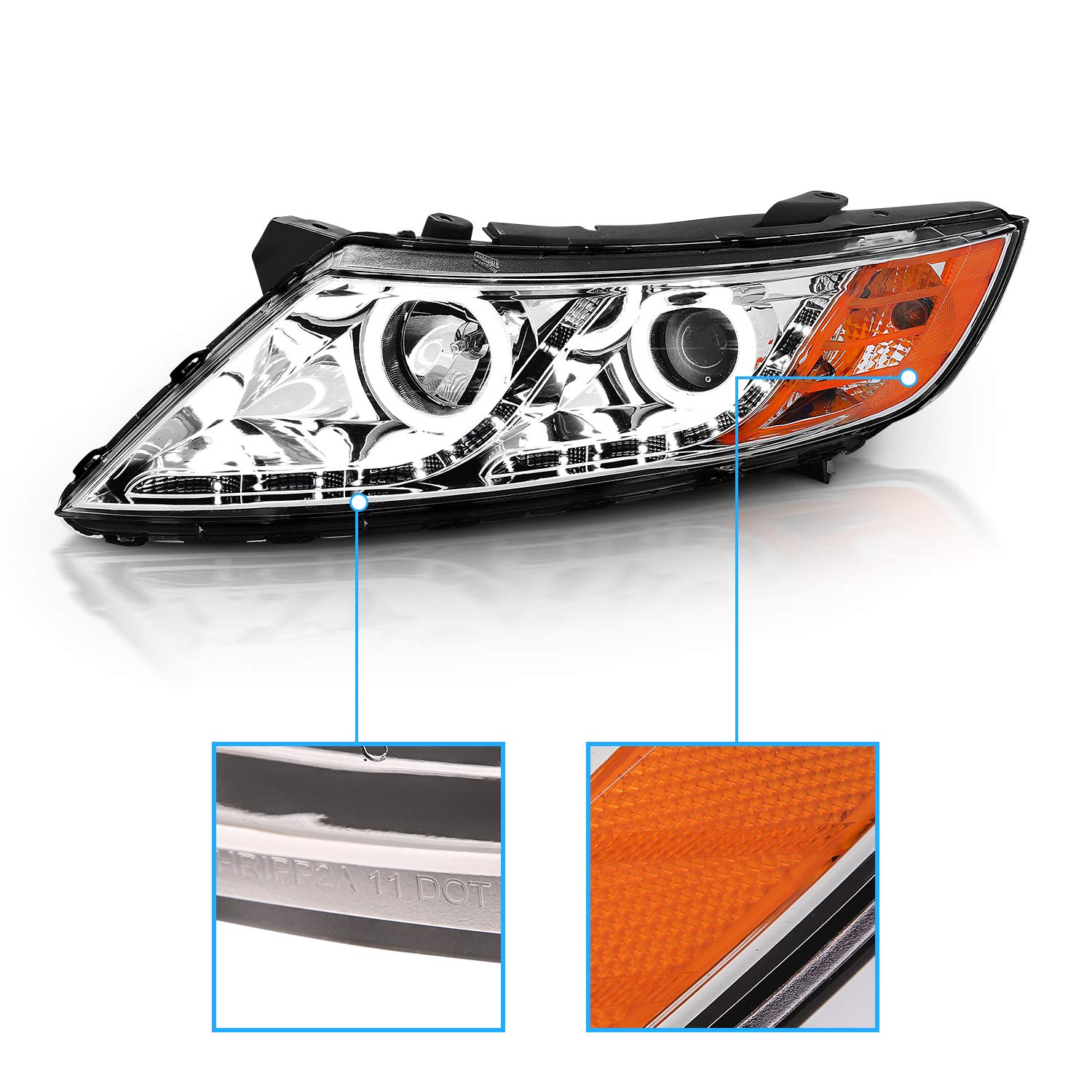 2011-2015 Kia Optima LED Halo Projector Headlights - AmeriLite Xtreme Chrome Replacement Set (Driver & Passenger Side) - Upgrade for Night Driving & Enhanced Visibility