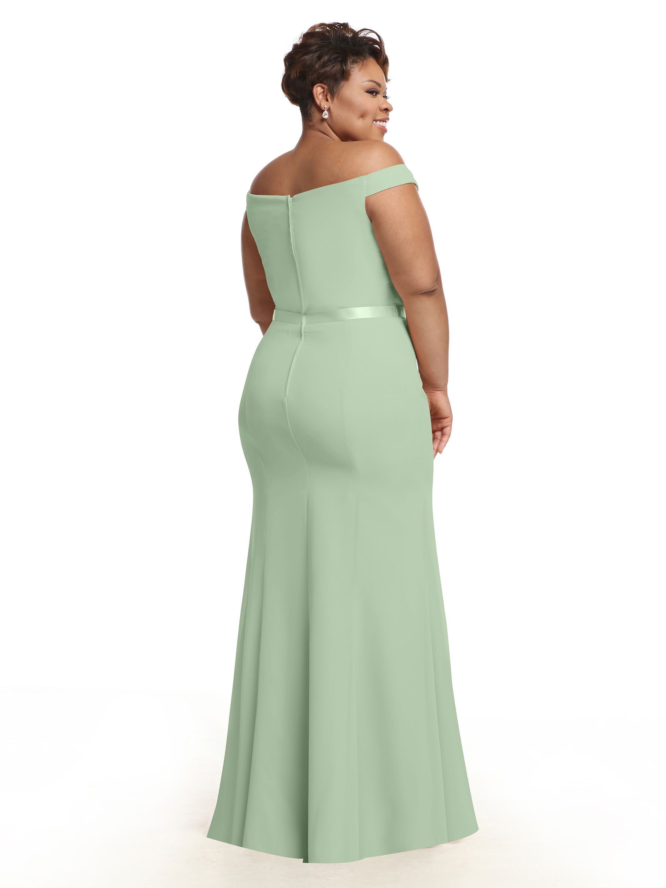 Elegant Off-The-Shoulder Chiffon Bridesmaid Dress with Ribbon Belt - Flowy Fit & Flare Design for Weddings, Parties & Special Occasions | Style #80079
