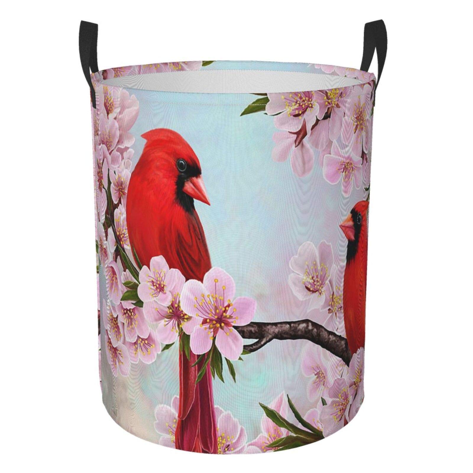 FeHuew Cardinals Red Birds on Cherry Flowers Collapsible Laundry Basket with Handle - Waterproof Fabric Hamper for Clothes, Toys & Bathroom Storage - Large Foldable Organizer Bin for Bedroom, Dorm & Laundry Room